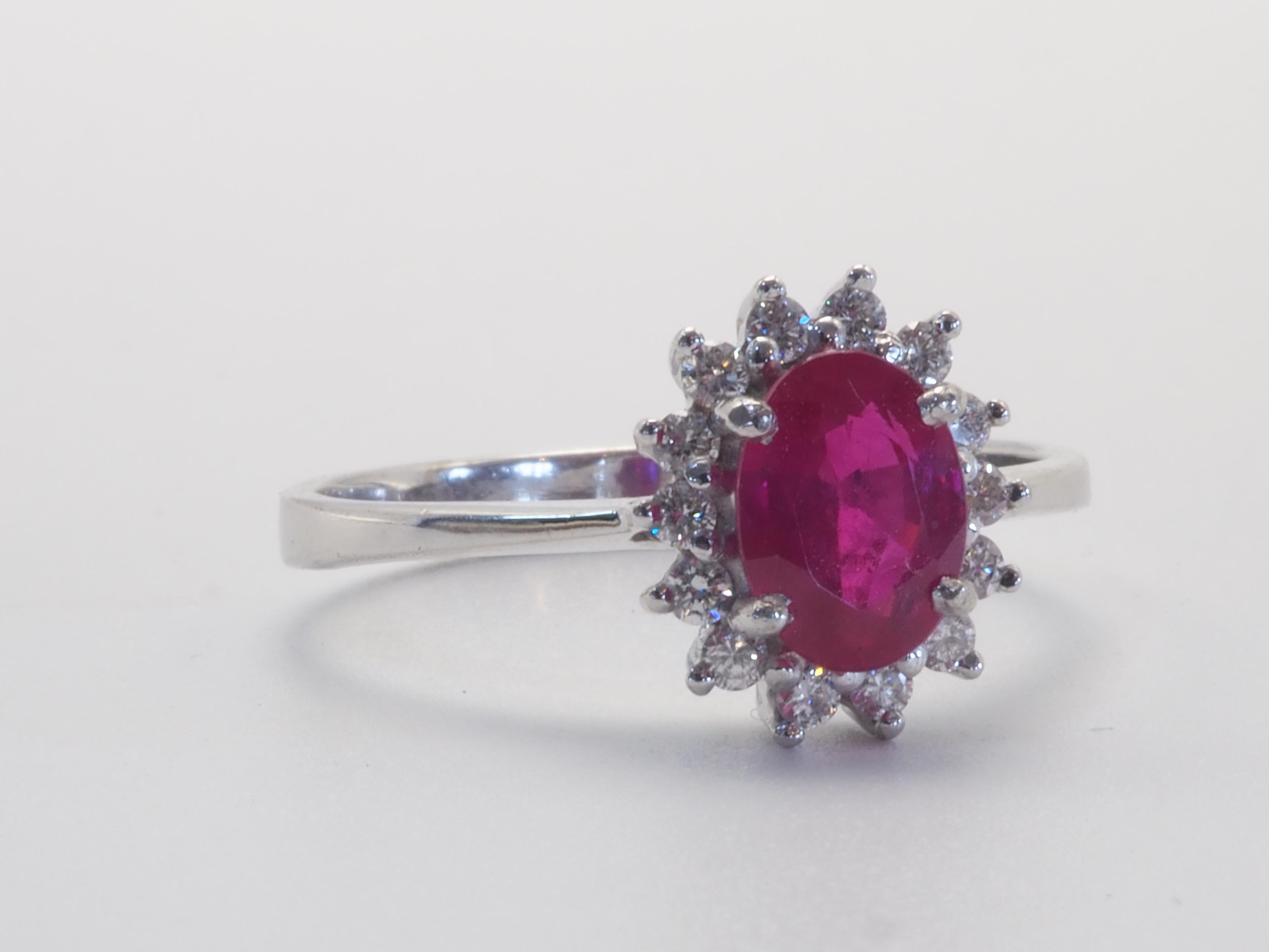 Women's 18K White Gold 1.10ct Oval Ruby & 0.20ct Diamond Sunburst Engagement Ring