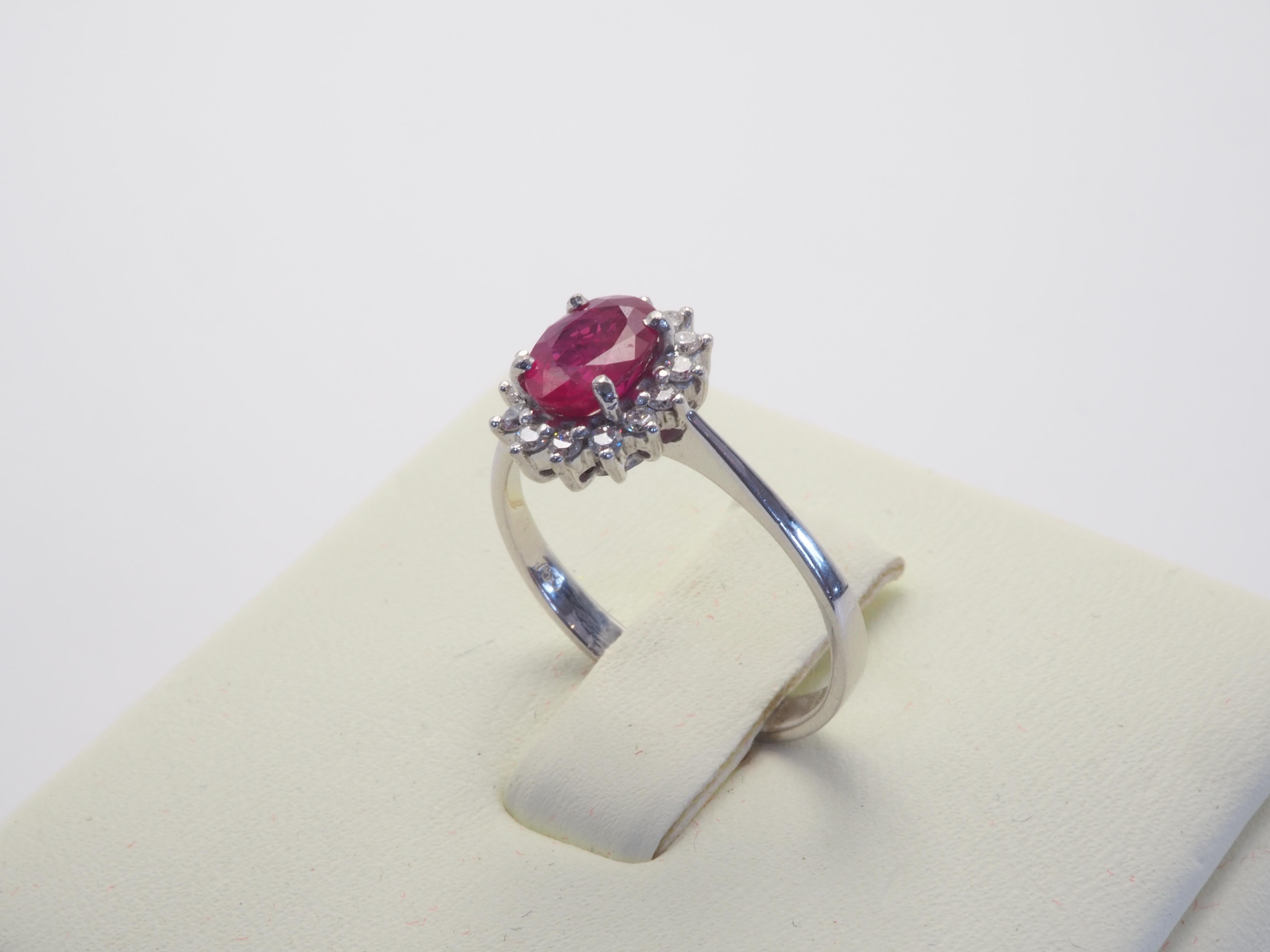 18K White Gold 1.10ct Oval Ruby & 0.20ct Diamond Sunburst Engagement Ring 1