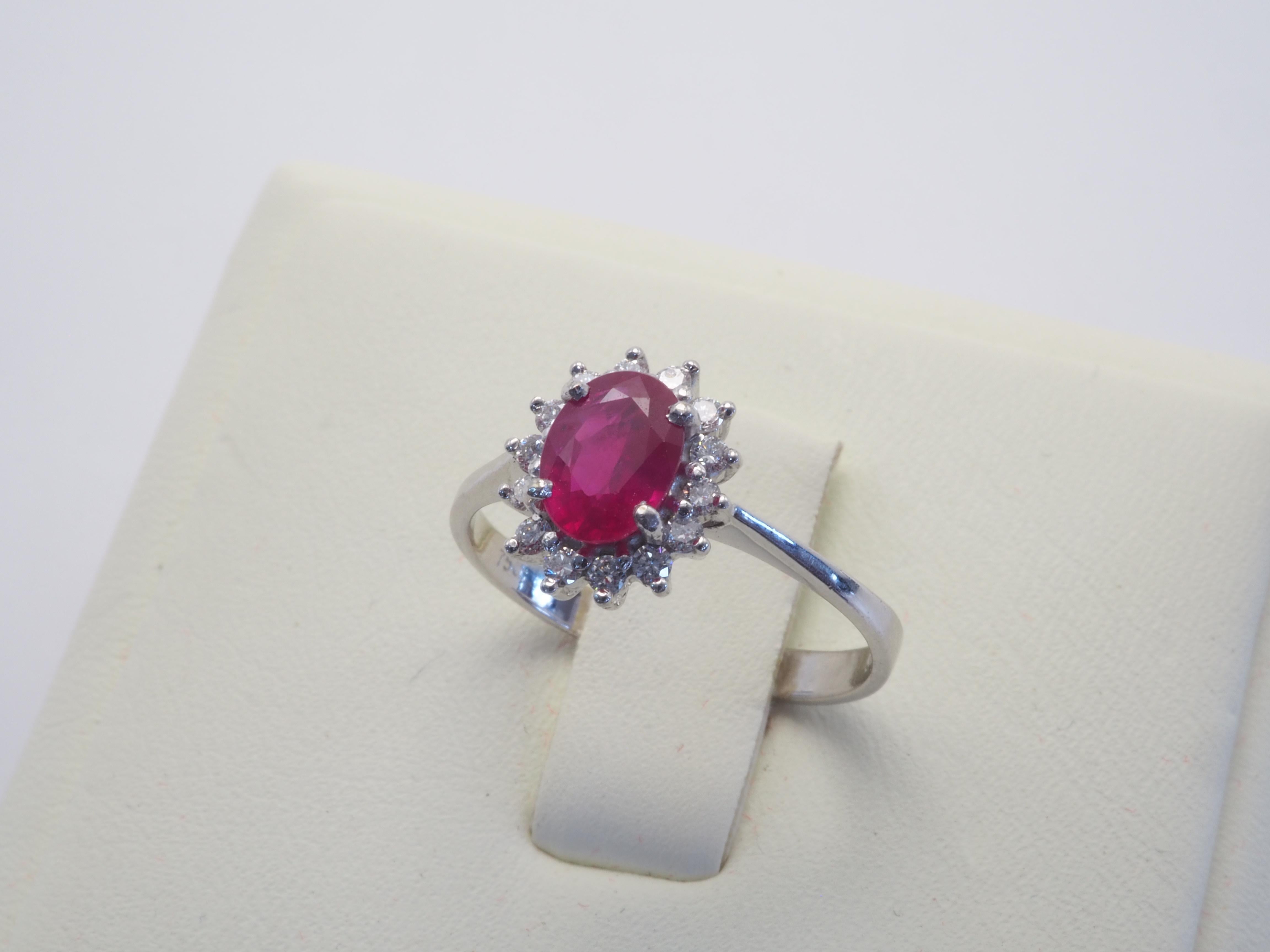 18K White Gold 1.10ct Oval Ruby & 0.20ct Diamond Sunburst Engagement Ring 2