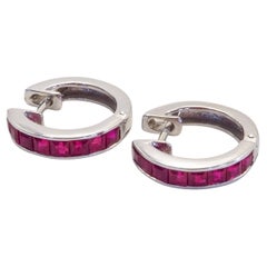 18K White Gold 1.10ct Squared Ruby Hoop Earring