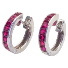 18K White Gold 1.10ct Squared Ruby Hoop Earring