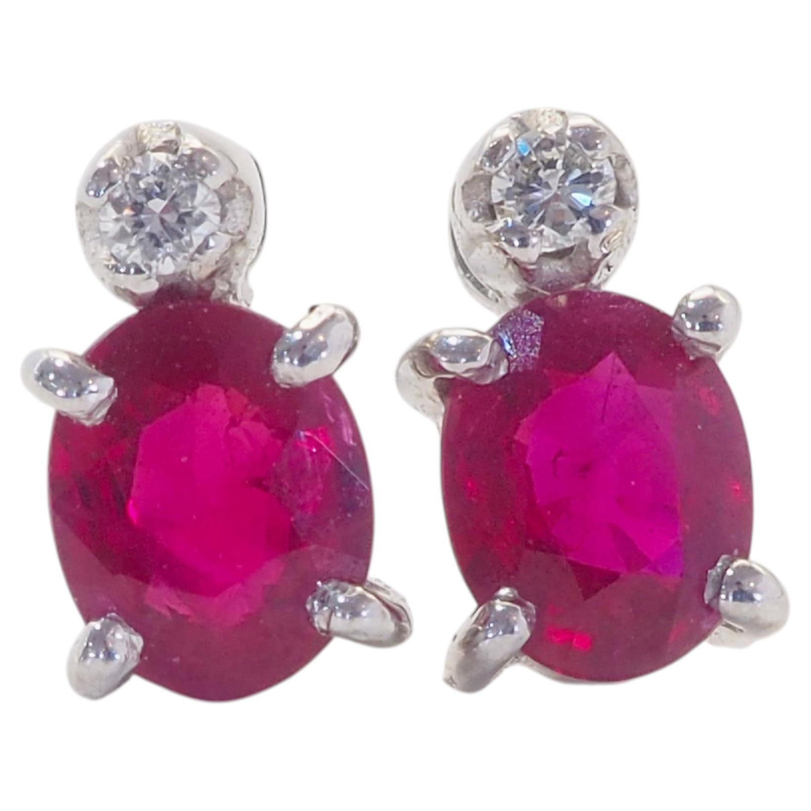 18K White Gold 1.10ct Vivid Red Oval Ruby & 0.02ct Diamond Stud Earrings For Sale