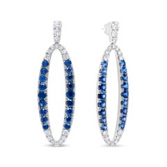 18K White Gold 1.11 Carat Blue Round Diamond and Blue Sapphire Dangle Earrings