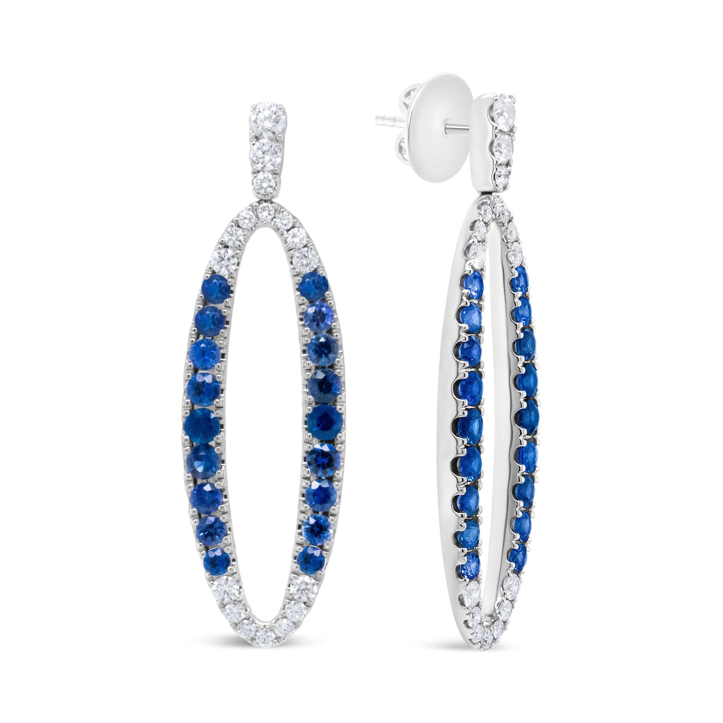Contemporary 18K White Gold 1.11 Carat Blue Round Diamond and Blue Sapphire Dangle Earrings For Sale