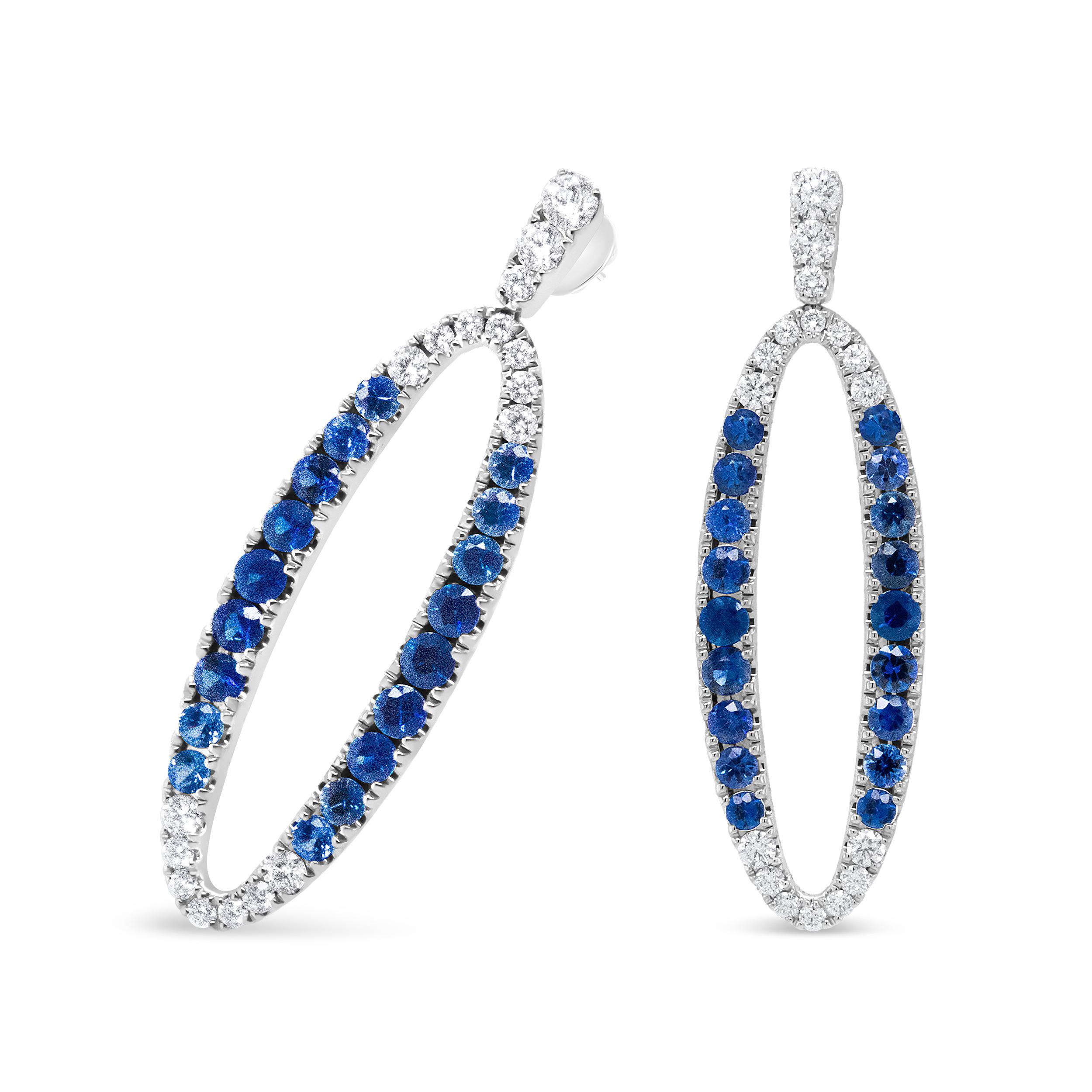 Round Cut 18K White Gold 1.11 Carat Blue Round Diamond and Blue Sapphire Dangle Earrings For Sale