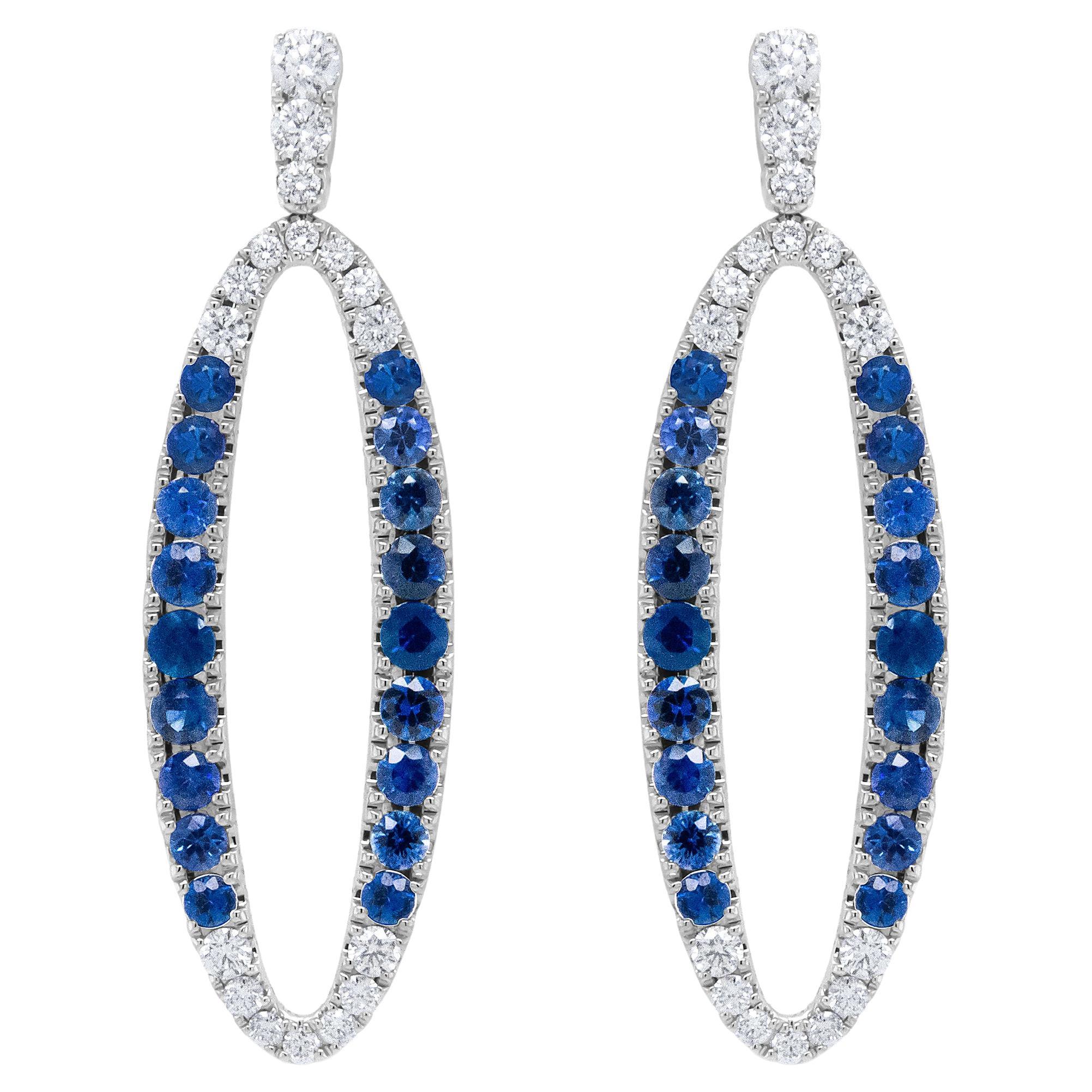 18K White Gold 1.11 Carat Blue Round Diamond and Blue Sapphire Dangle Earrings For Sale