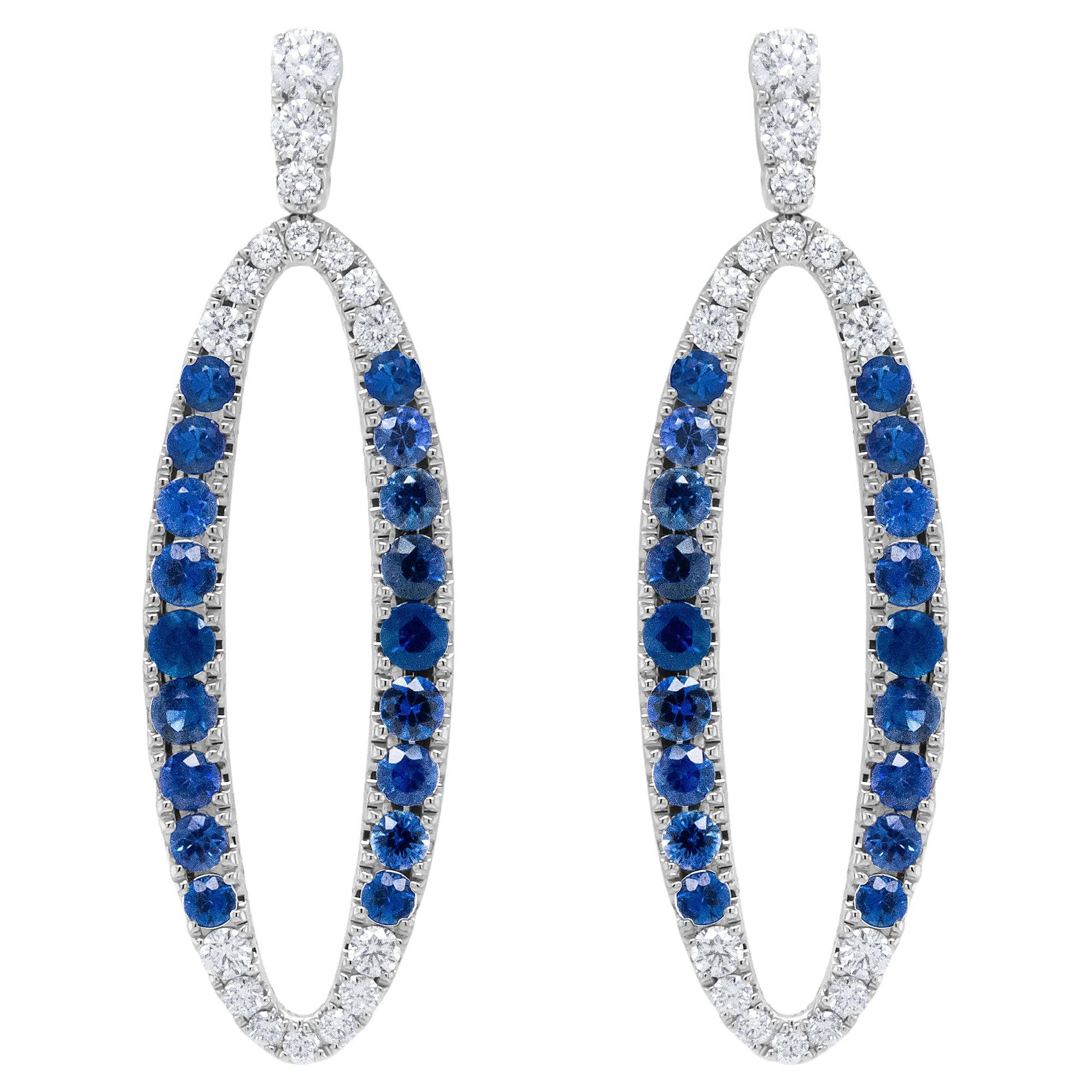 Pendants d'oreilles en or blanc 18 carats avec diamants ronds bleus de 1,11 carat et saphirs bleus