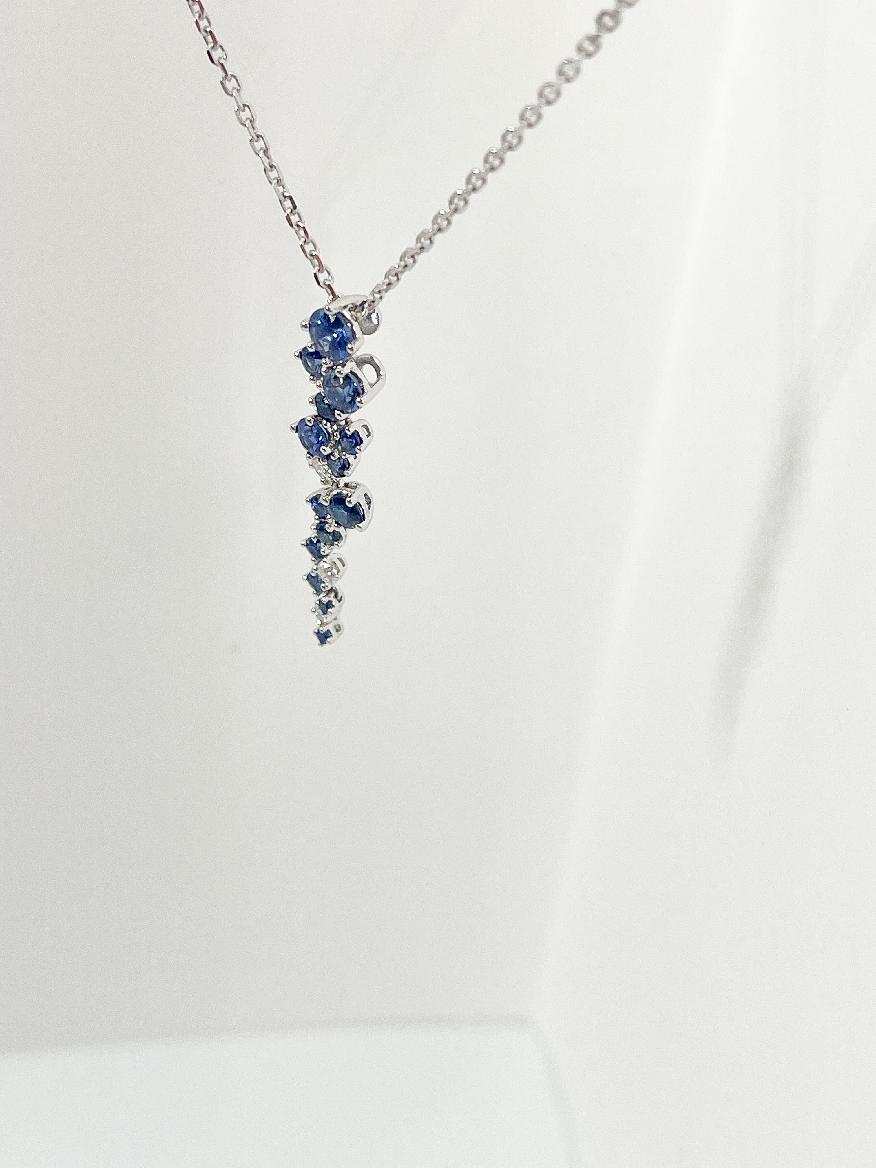 18K White Gold 1.11 CTW Sapphire and Diamond Pendant Necklace  In Excellent Condition For Sale In Stuart, FL