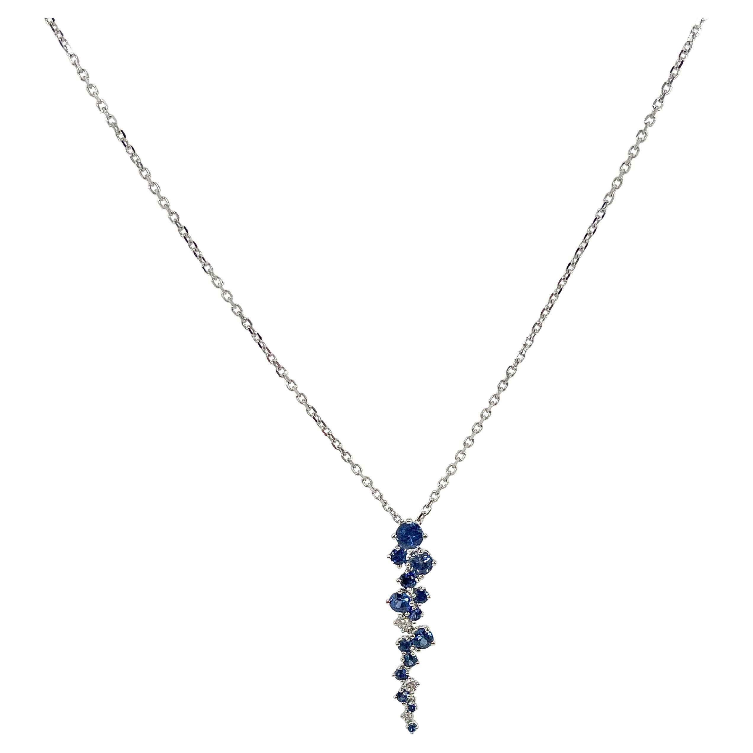 18K White Gold 1.11 CTW Sapphire and Diamond Pendant Necklace  For Sale