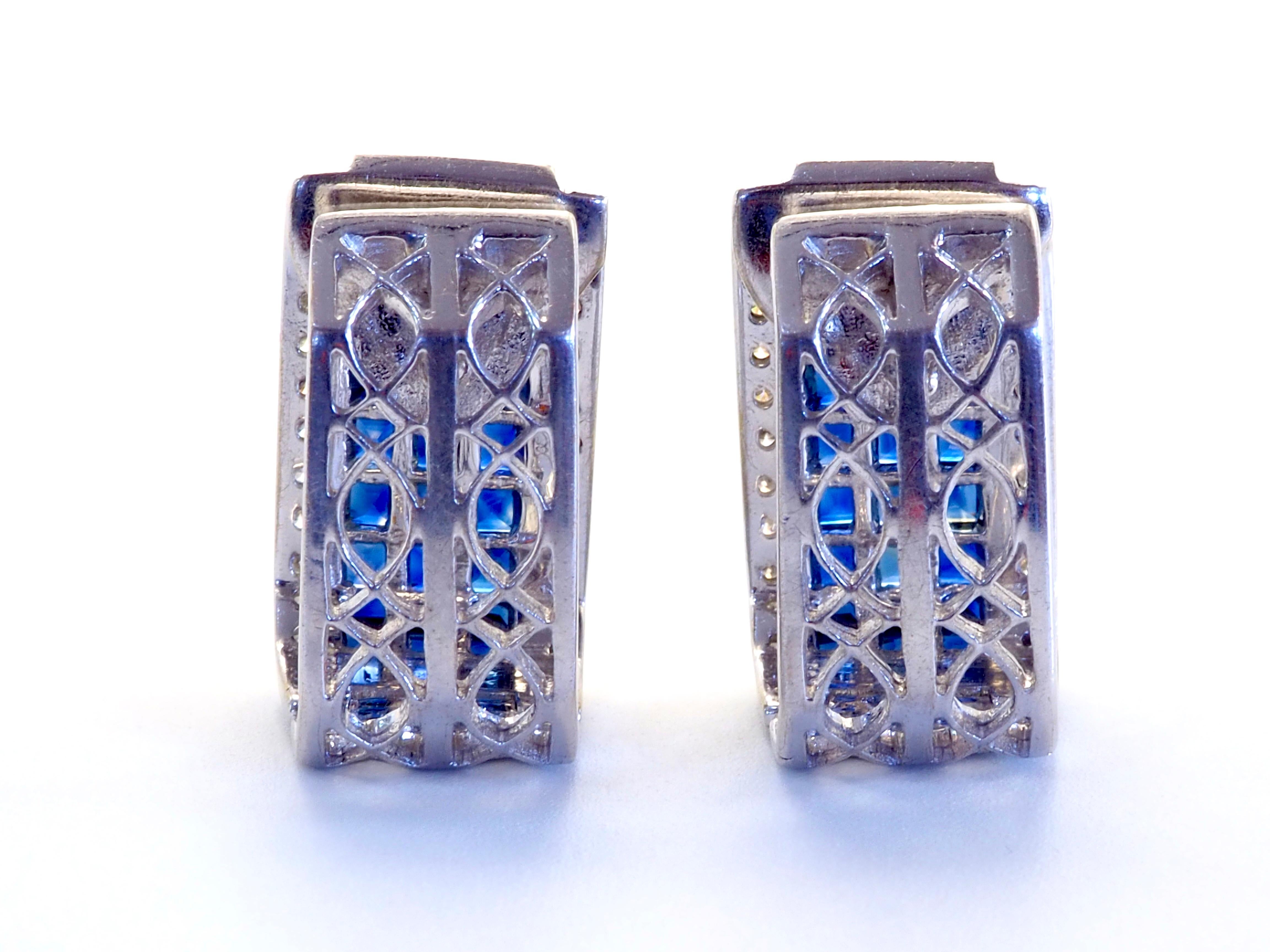Taille carrée Boucles d'oreilles invisibles en or blanc 18 carats, saphir bleu carré 11,22 carats et diamant 0,37 carat en vente