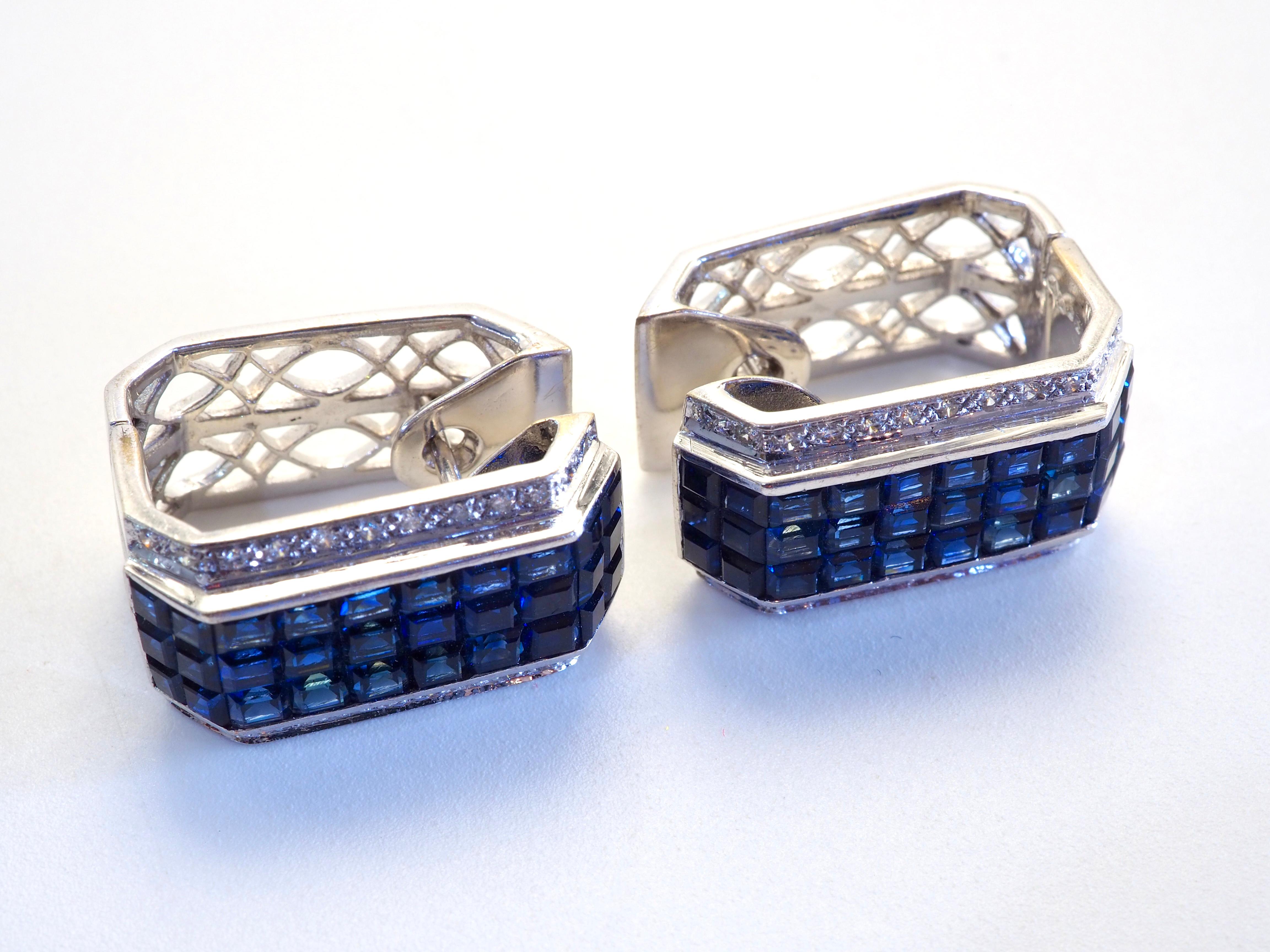Boucles d'oreilles invisibles en or blanc 18 carats, saphir bleu carré 11,22 carats et diamant 0,37 carat Neuf - En vente à เกาะสมุย, TH