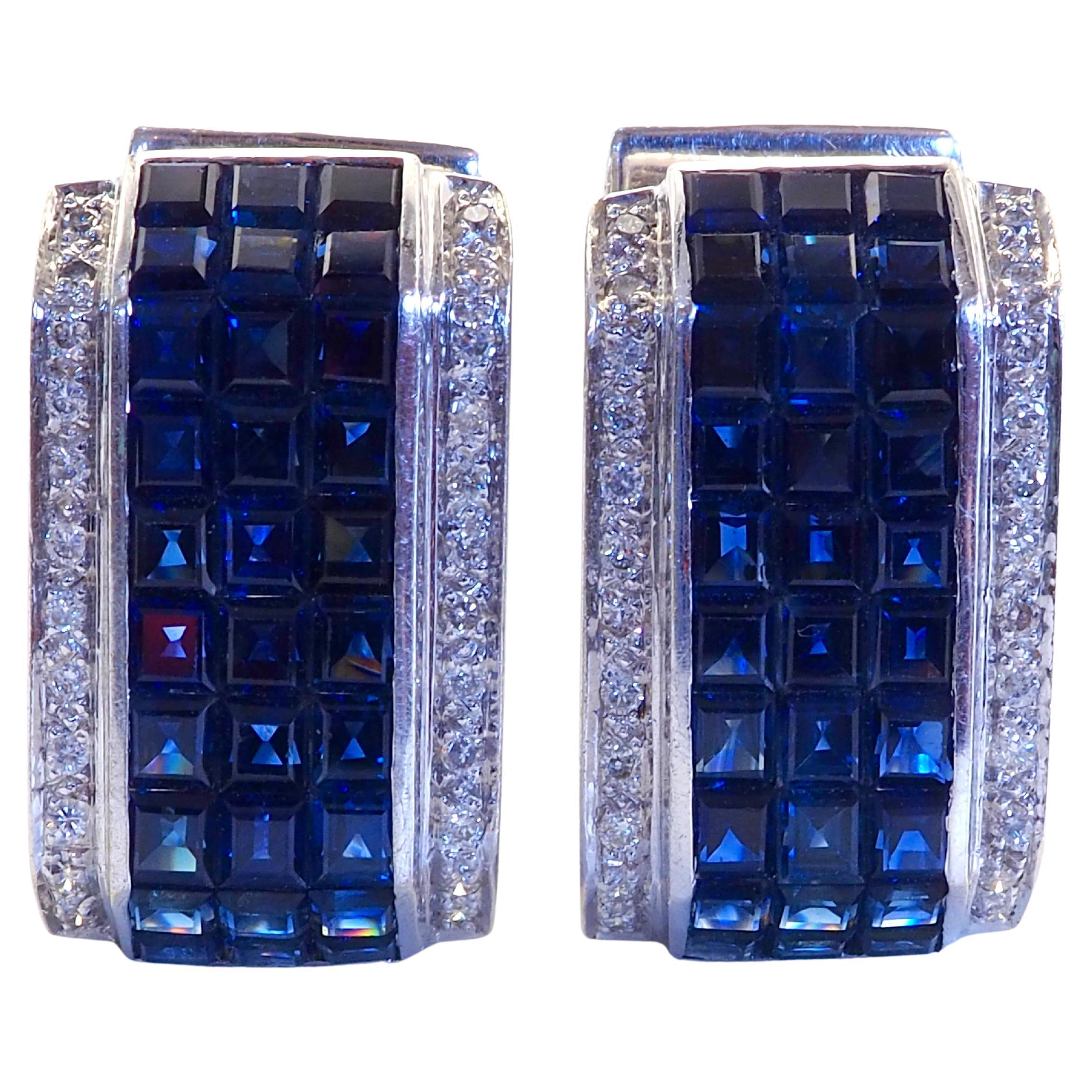 18K White Gold 11.22ct Squared Blue Sapphire & 0.37ct Diamond Invisible Earring