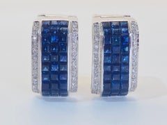 Pendientes geométricos de zafiro azul cuadrado de oro blanco de 18 quilates de 11,22 ct y diamante de 0,40 ct