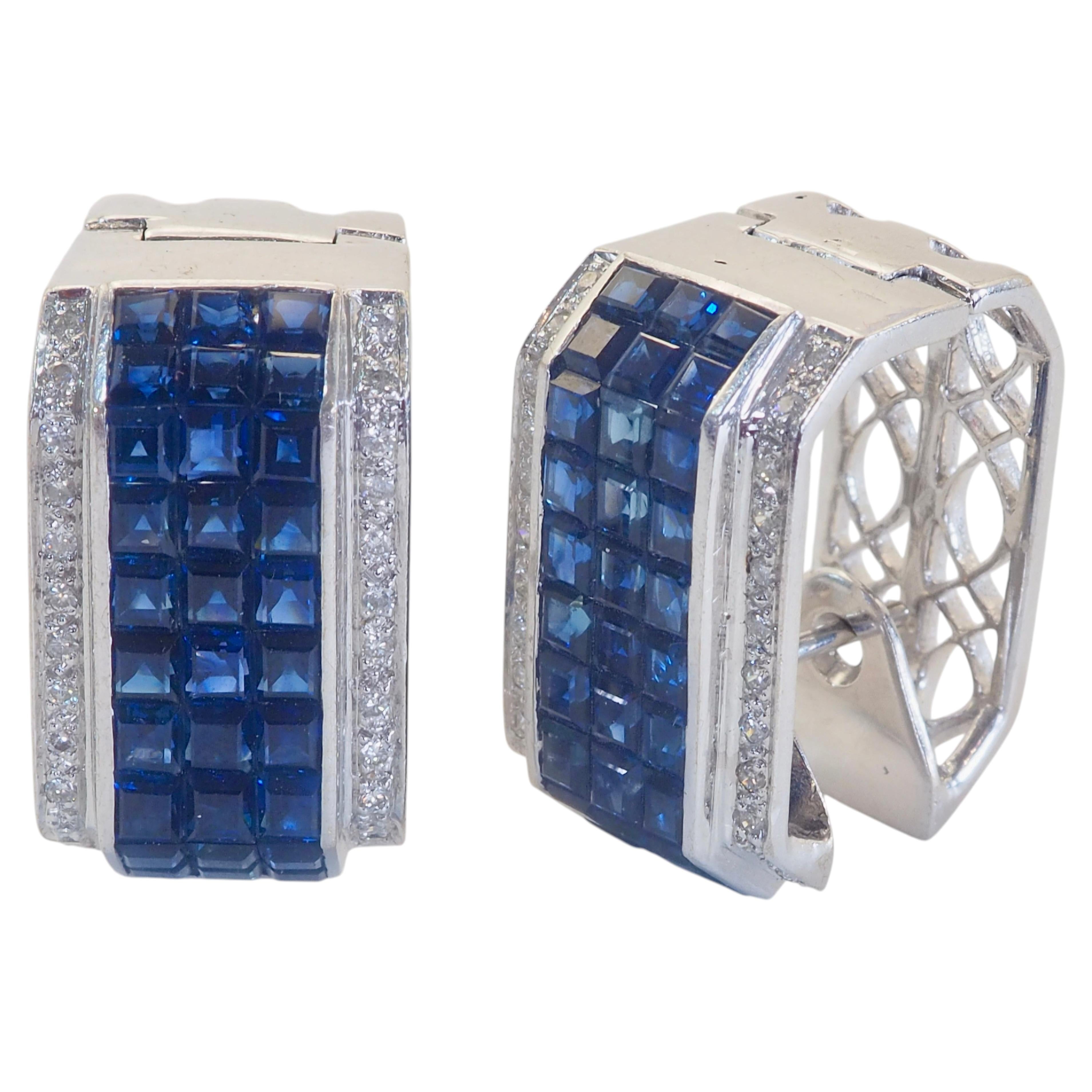 Pendientes geométricos de zafiro azul cuadrado de oro blanco de 18 quilates de 11,22 ct y diamante de 0,40 ct