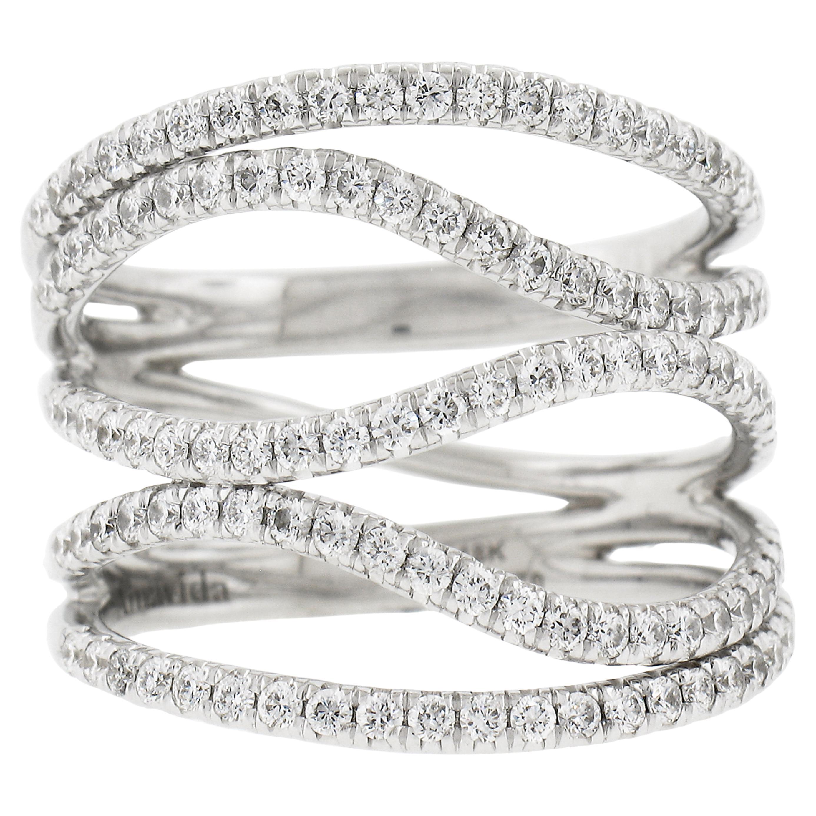 18k White Gold 1.12cwt Round Diamond Open Wide 5 Row Statement Band Ring Sz 9 For Sale