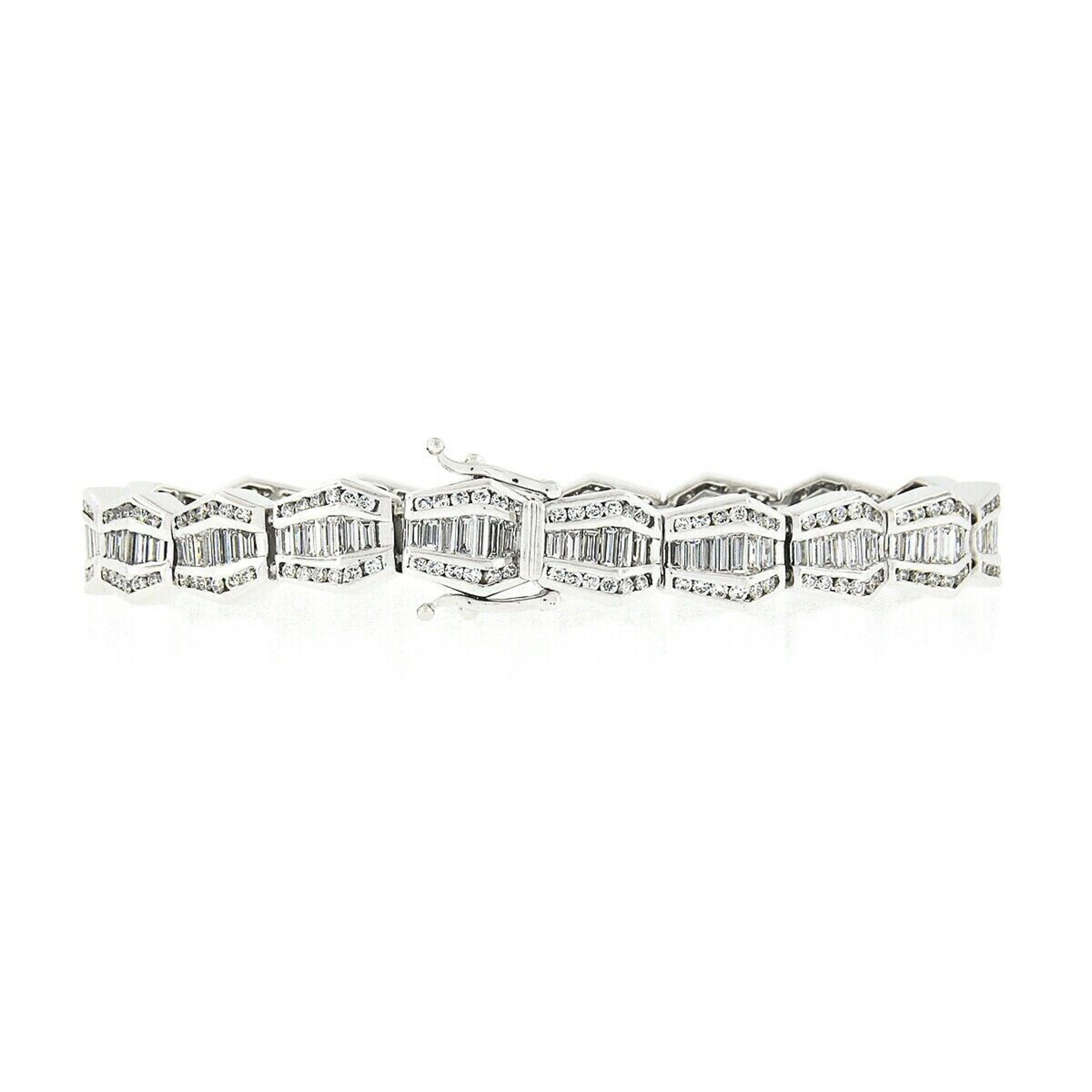 Here we have an absolutely magnificent and very well made statement bracelet that is crafted from solid 18k white gold featuring an elegant design constructed from unique links that are completely drenched with TOP QUALITY diamonds throughout. These