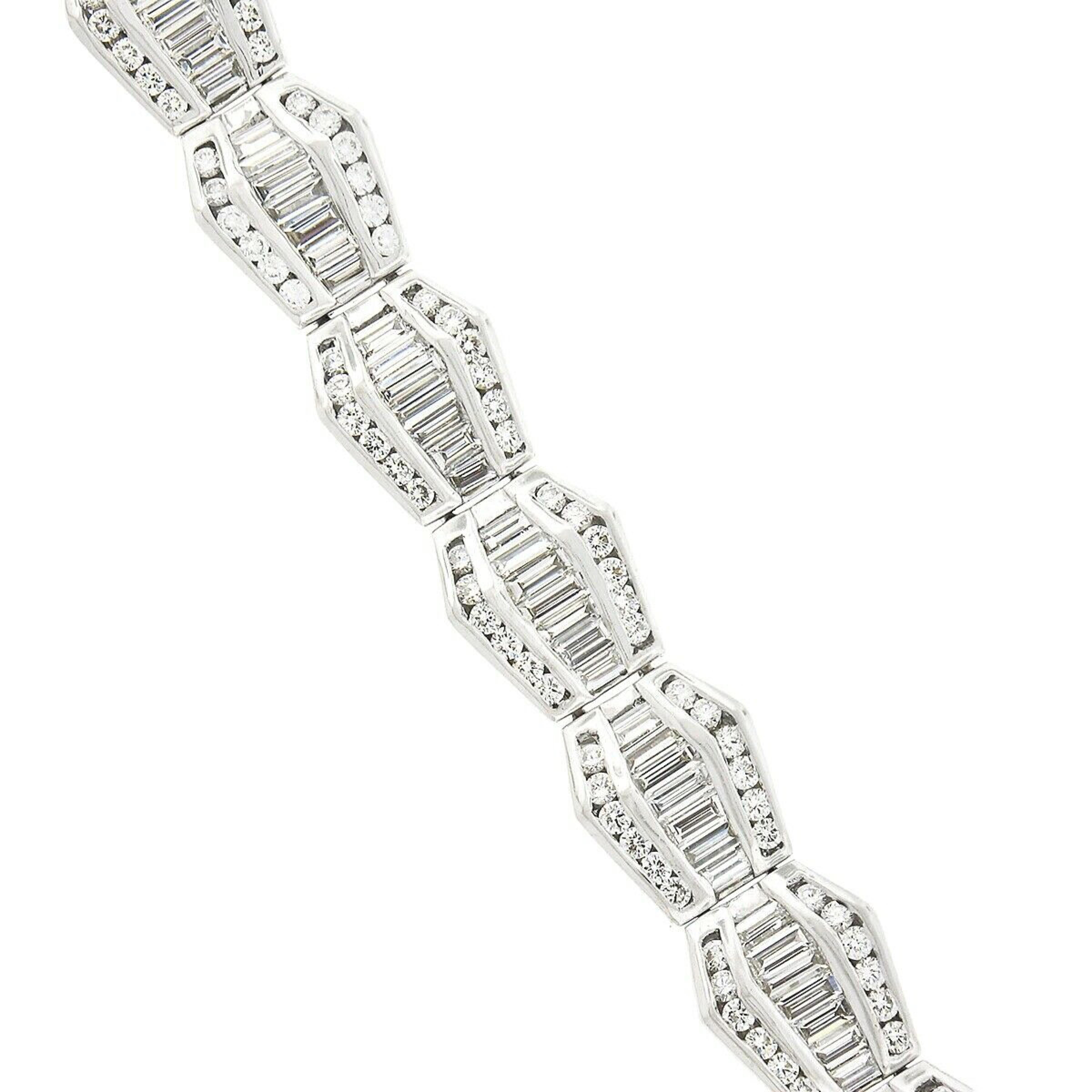 Women's or Men's 18K White Gold 11.30ctw Baguette Round Channel VVS F Diamond Wide Link Bracelet For Sale