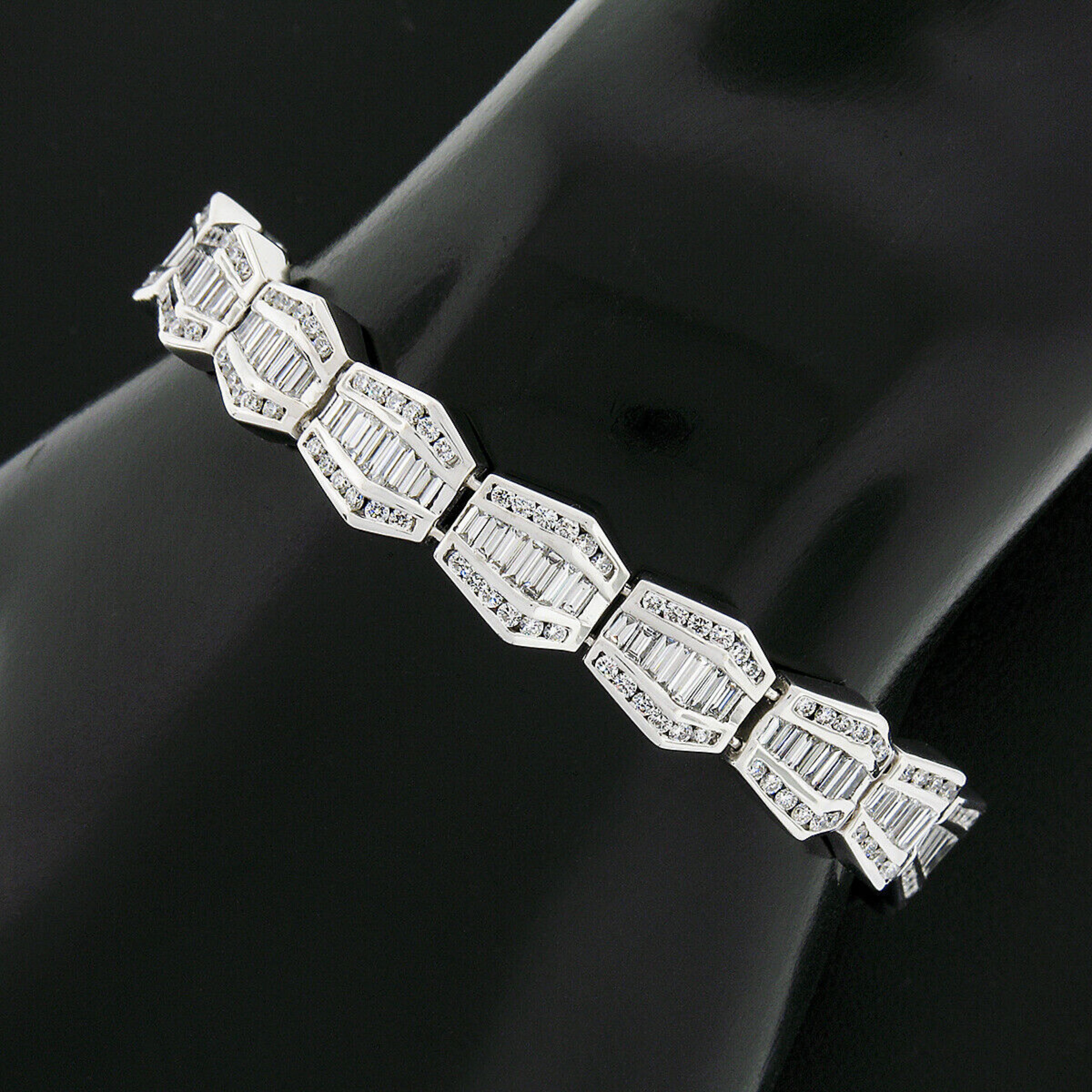 18K White Gold 11.30ctw Baguette Round Channel VVS F Diamond Wide Link Bracelet For Sale 2