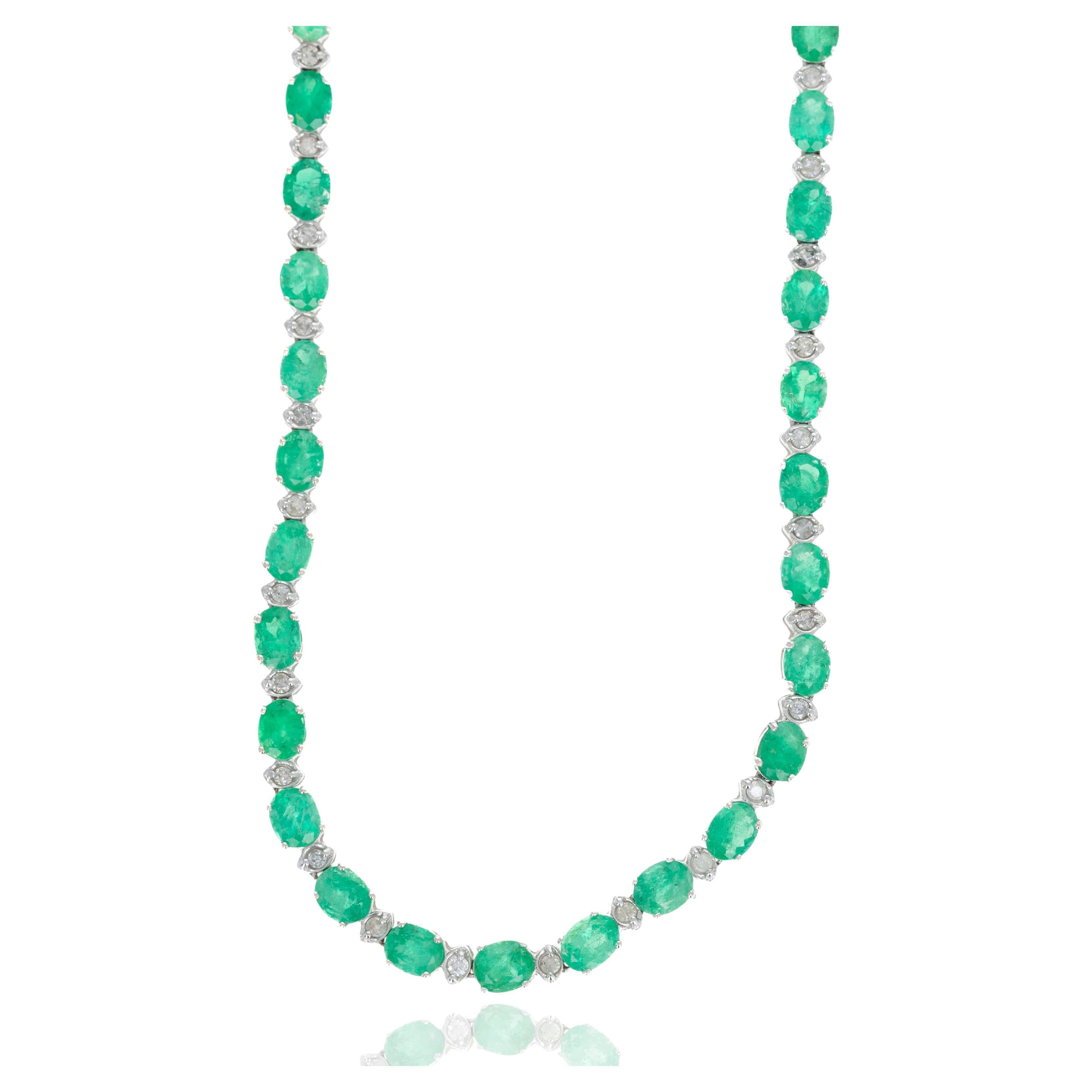 18K White Gold 11.56 Emerald Diamond Station Necklace