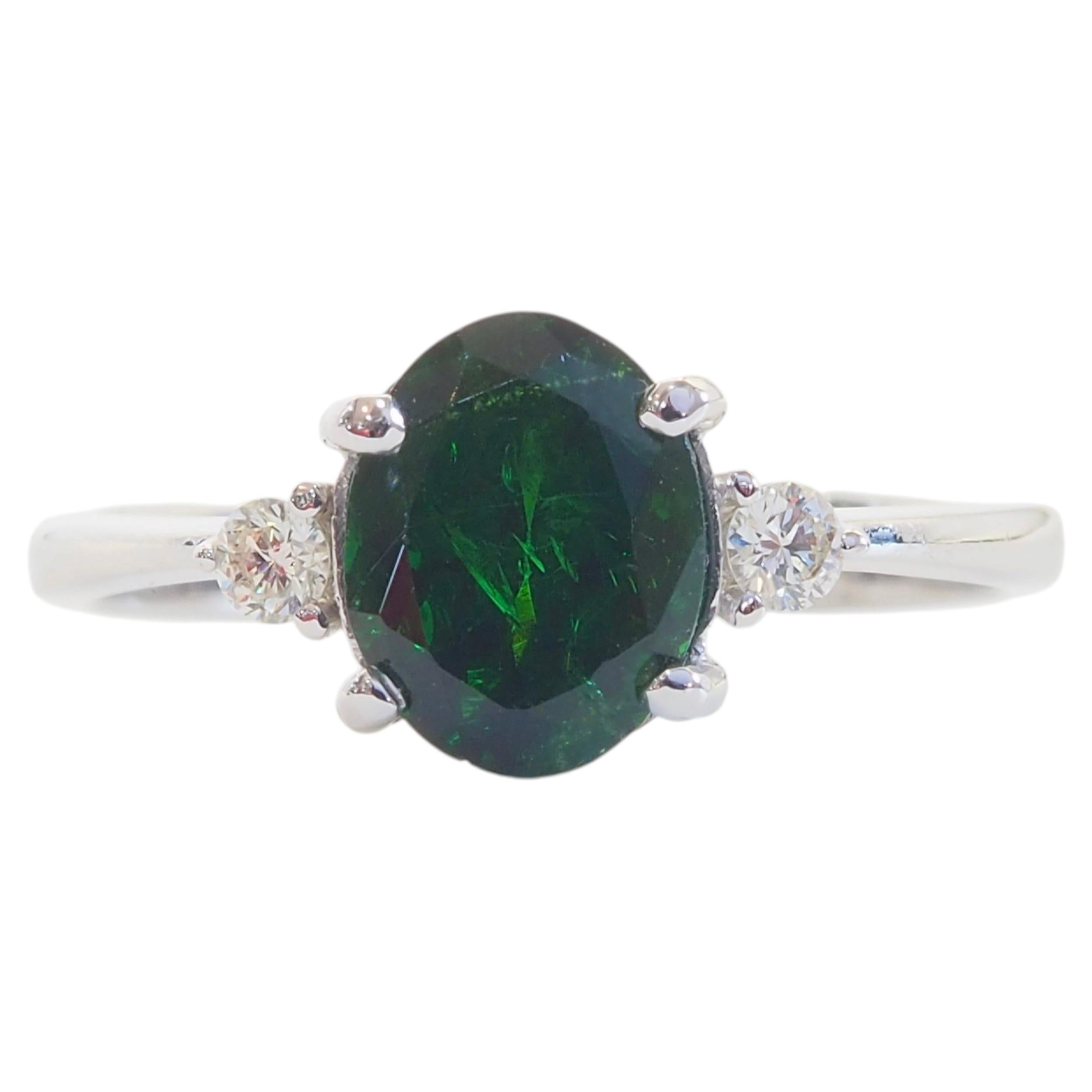 18K White Gold 1.15ct Oval Deep Green Tsavorite & 0.06ct Diamond Ring