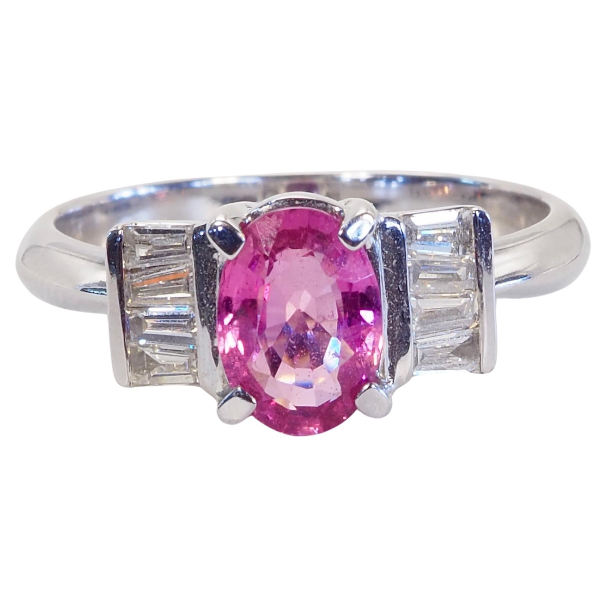 Anello fine in oro bianco 18 carati con zaffiro rosa ovale da 1,15 carati e diamante da 0,30 carati