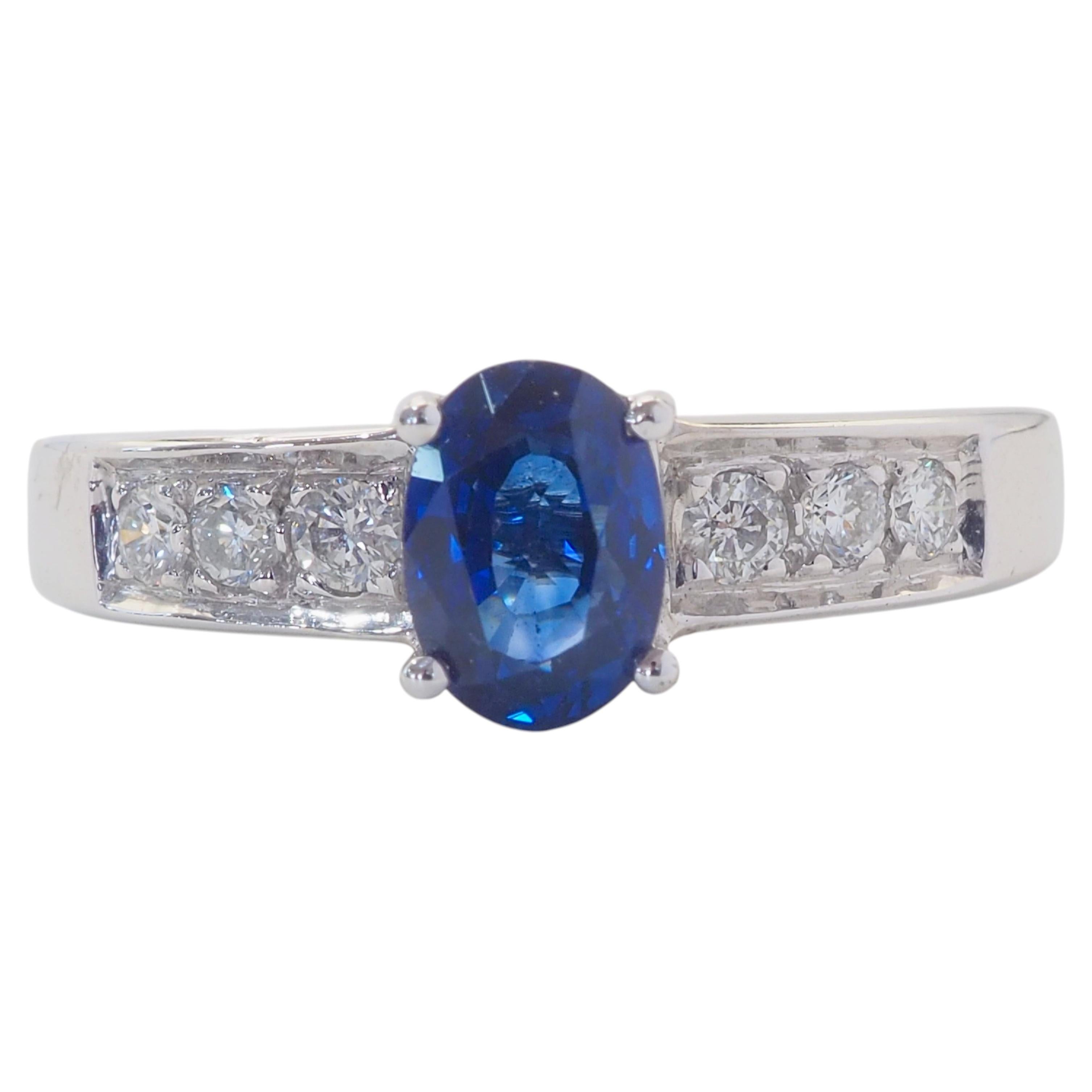 18K White Gold 1.15ct Oval Vivid Blue Sapphire & 0.23ct Diamond Ring