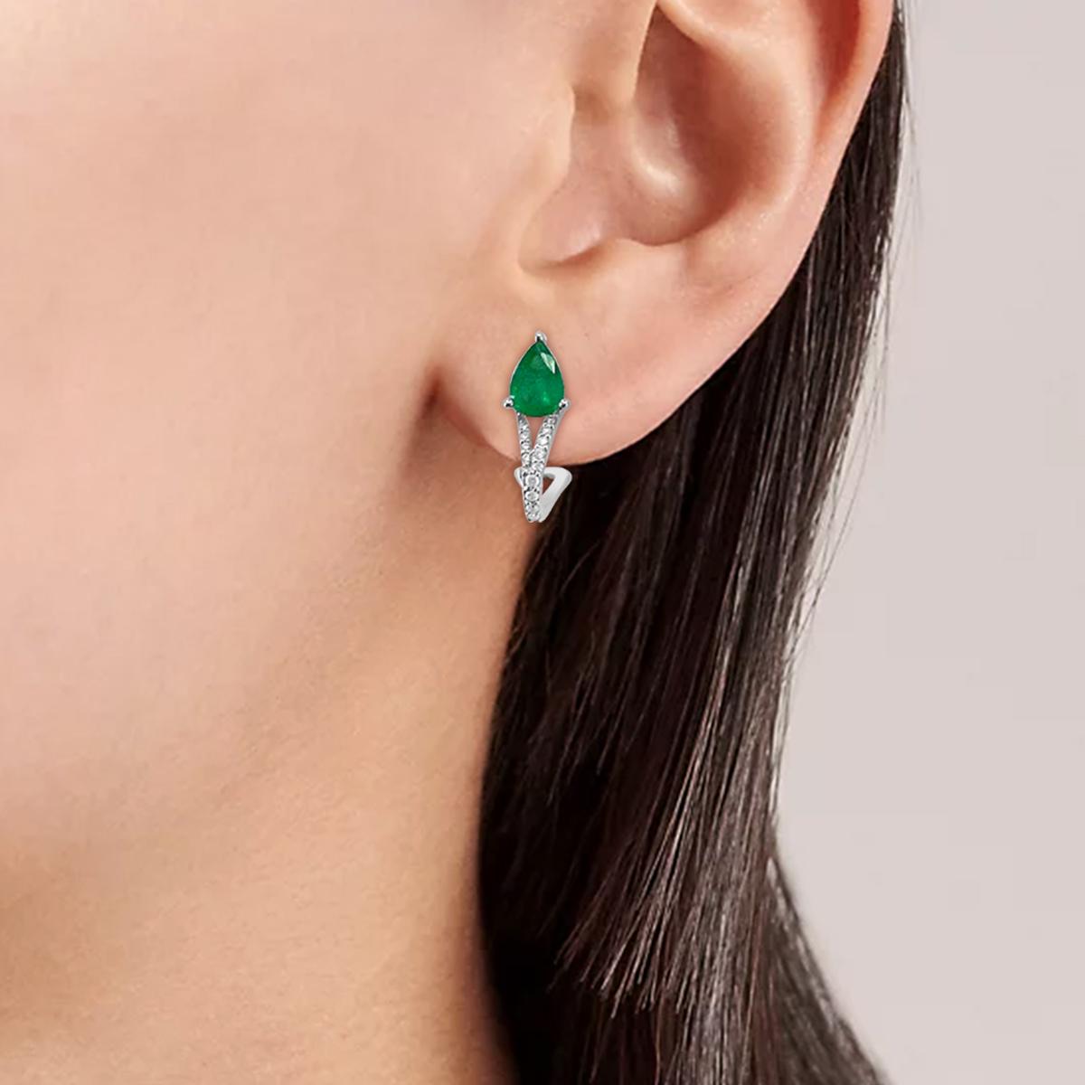 Pear Cut 18K White Gold 1.15cts Emerald and Diamond Earring, Style# TS1024E