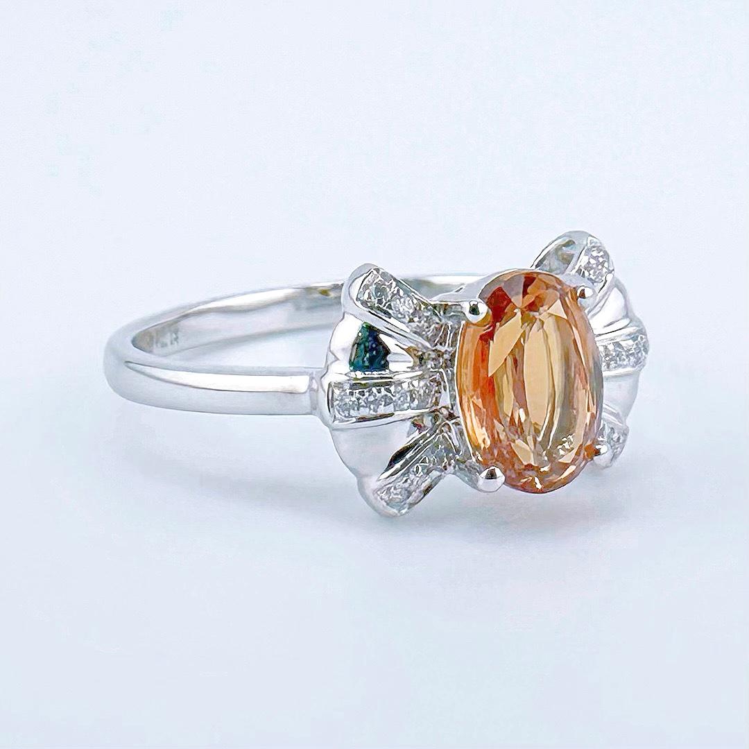 Modern 18K White Gold 1.17 CT Brown-Orange Sapphire Ring with Diamonds For Sale