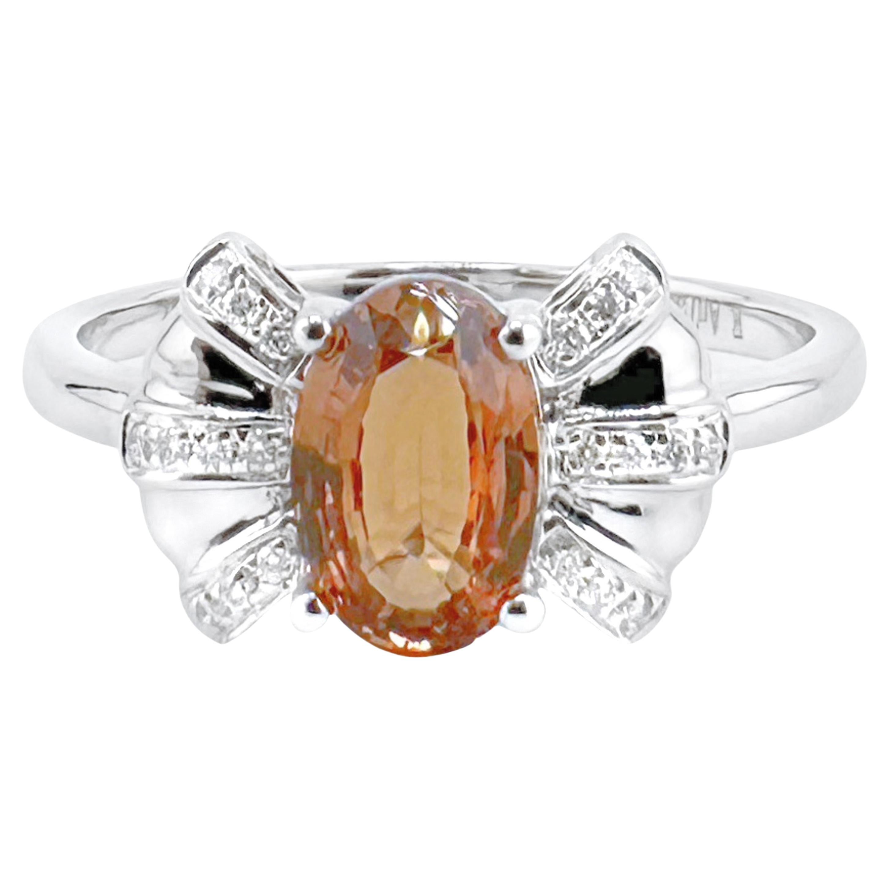 18K White Gold 1.17 CT Brown-Orange Sapphire Ring with Diamonds