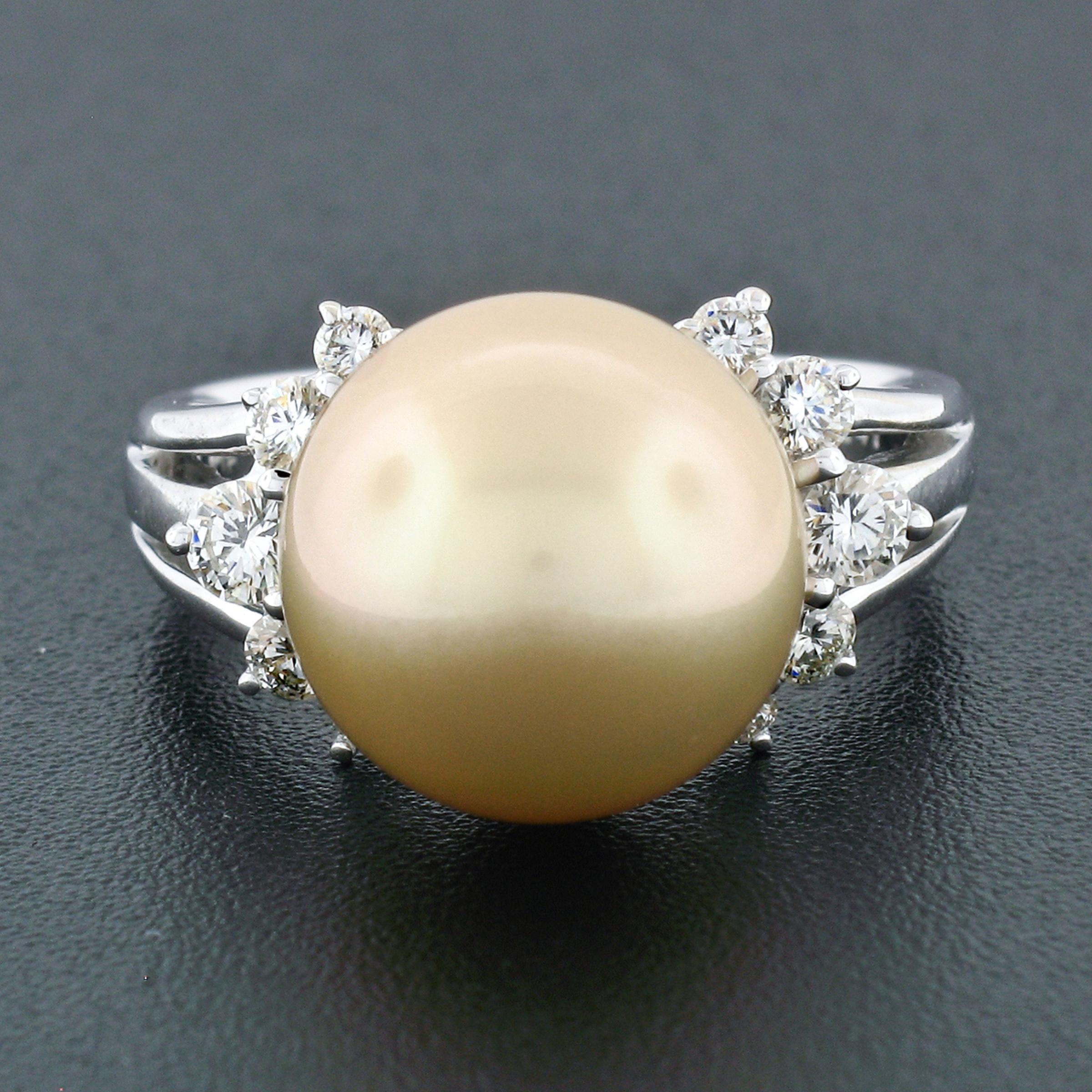 Round Cut 18K White Gold 11.70mm Golden Pearl Solitaire Ring w/ .54ct E VVS2 Diamond Sides For Sale
