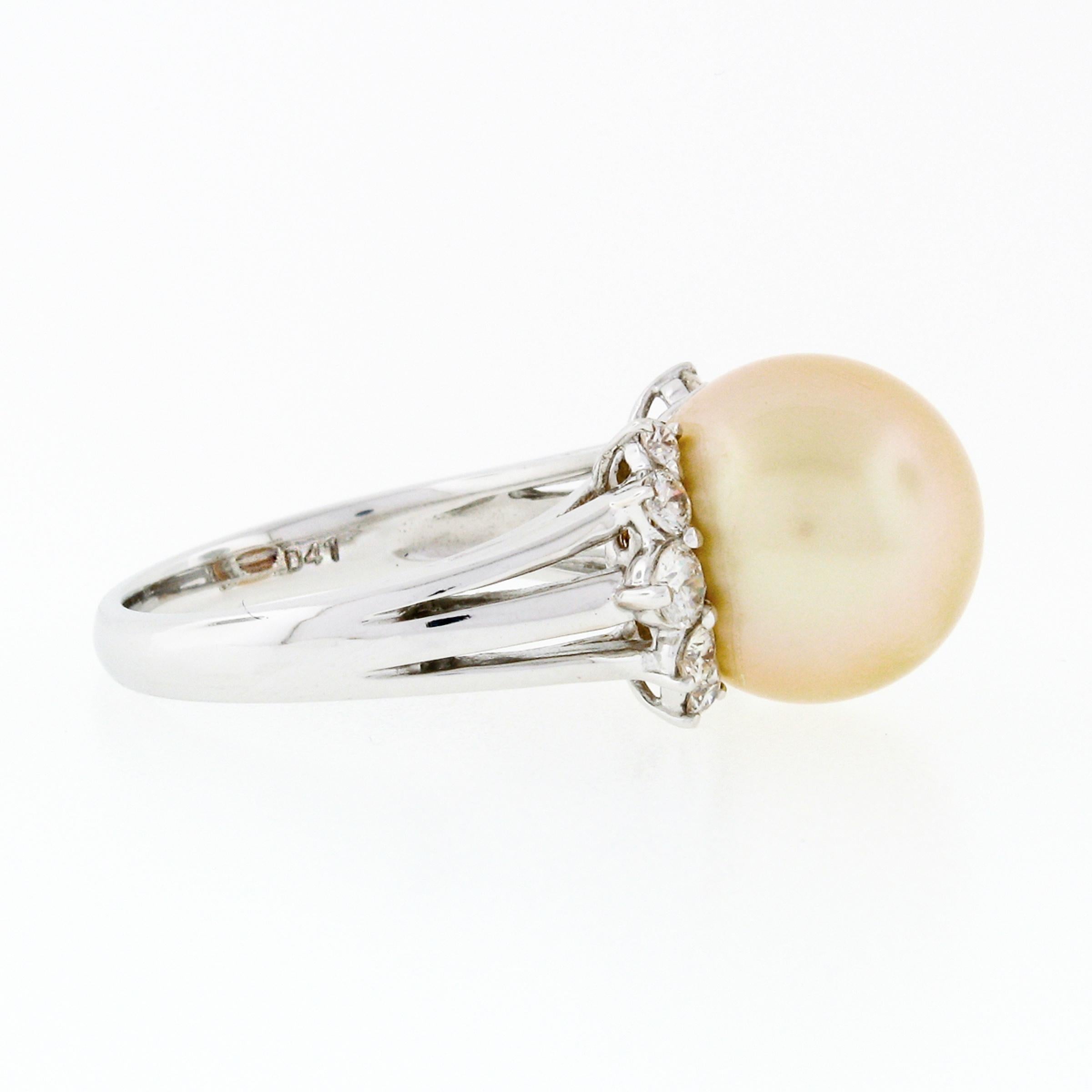 18K White Gold 11.70mm Golden Pearl Solitaire Ring w/ .54ct E VVS2 Diamond Sides In Excellent Condition For Sale In Montclair, NJ