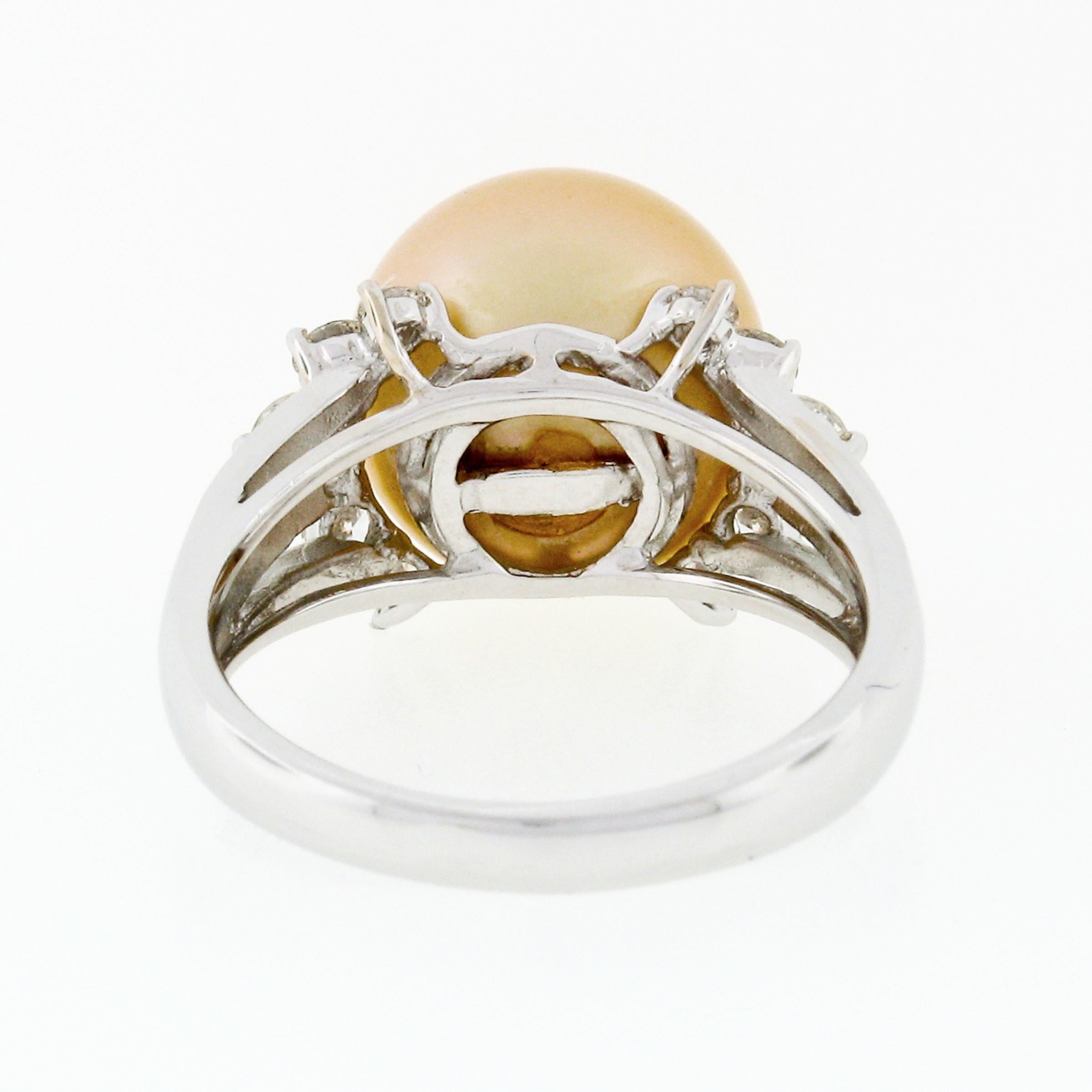 Women's 18K White Gold 11.70mm Golden Pearl Solitaire Ring w/ .54ct E VVS2 Diamond Sides For Sale