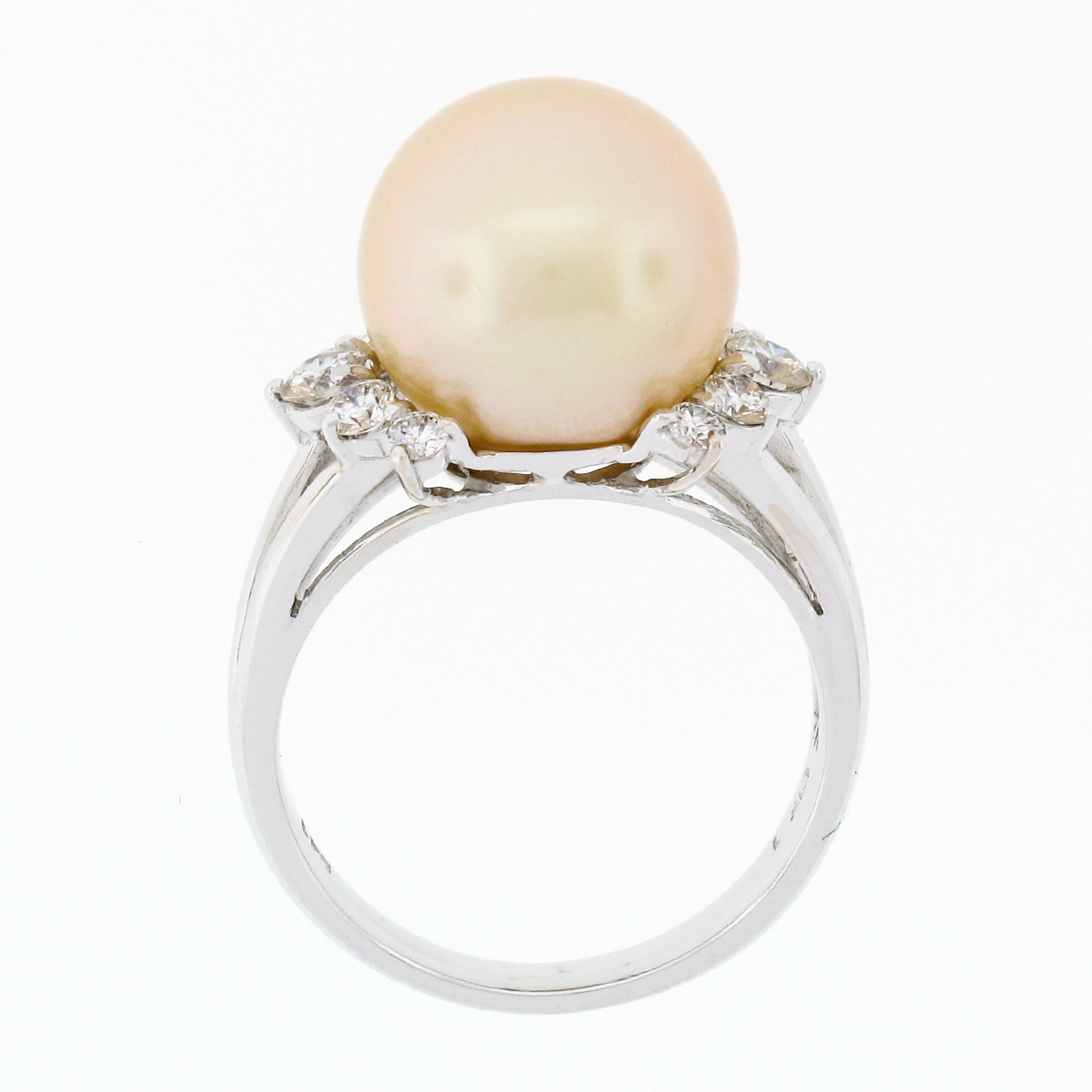 18K White Gold 11.70mm Golden Pearl Solitaire Ring w/ .54ct E VVS2 Diamond Sides For Sale 1