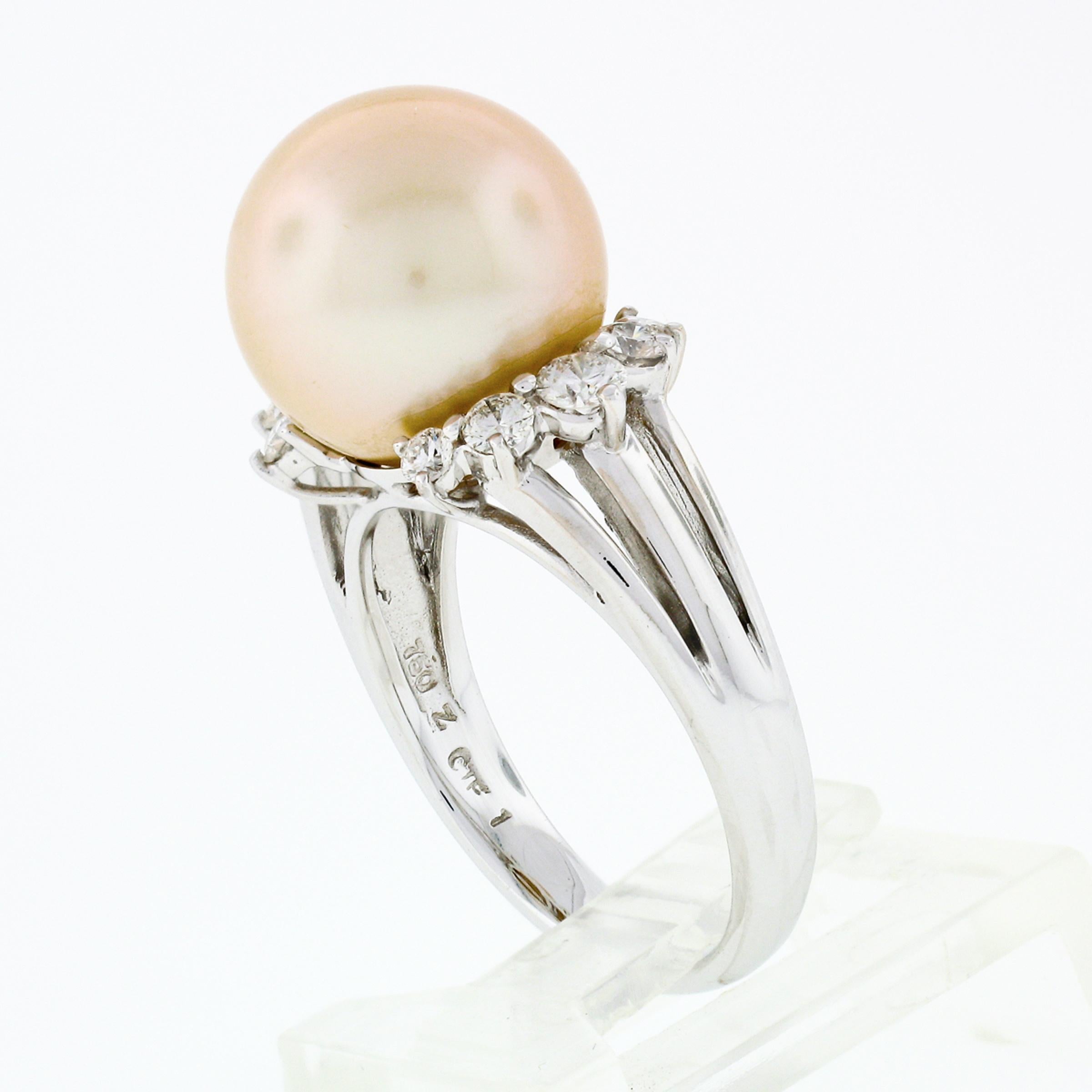 18K White Gold 11.70mm Golden Pearl Solitaire Ring w/ .54ct E VVS2 Diamond Sides For Sale 2