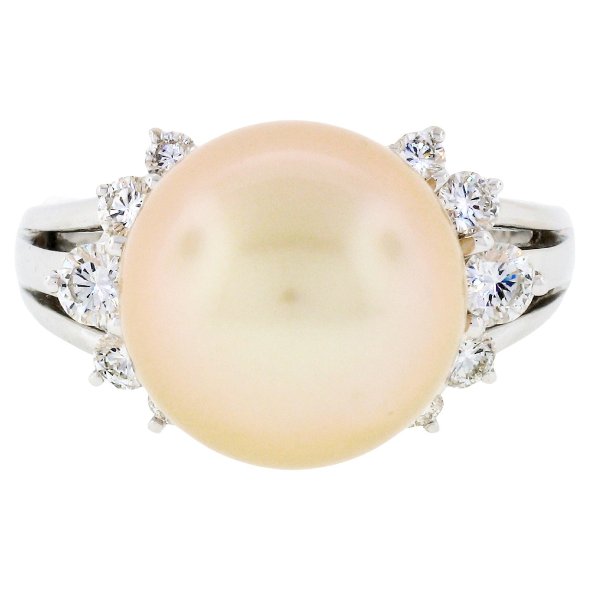 18K White Gold 11.70mm Golden Pearl Solitaire Ring w/ .54ct E VVS2 Diamond Sides For Sale