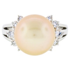 18K White Gold 11.70mm Golden Pearl Solitaire Ring w/ .54ct E VVS2 Diamond Sides