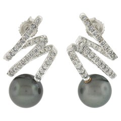 18k White Gold 11.75mm Tahitian Pearls Diamond Zig Zag Squiggly Dangle Earrings