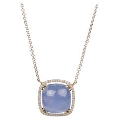 18k White Gold 11.78 Carat Blue Chalcedony and White Diamond Halo Necklace