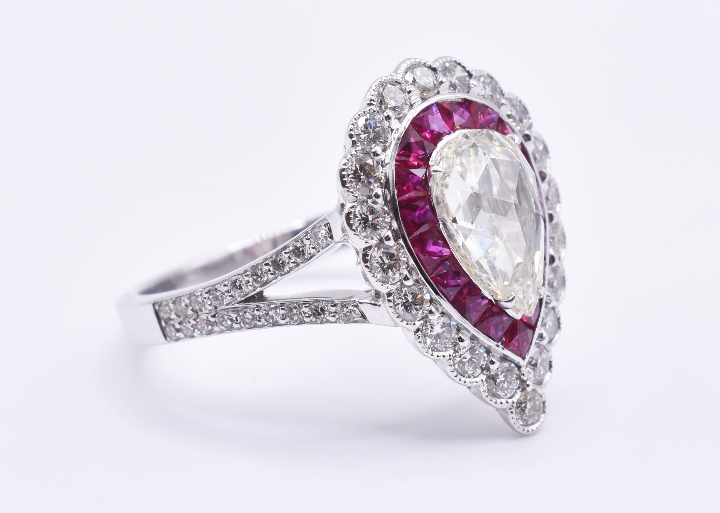 Pear Cut 18k White Gold 1.17ct Diamond & Ruby Target Ring For Sale