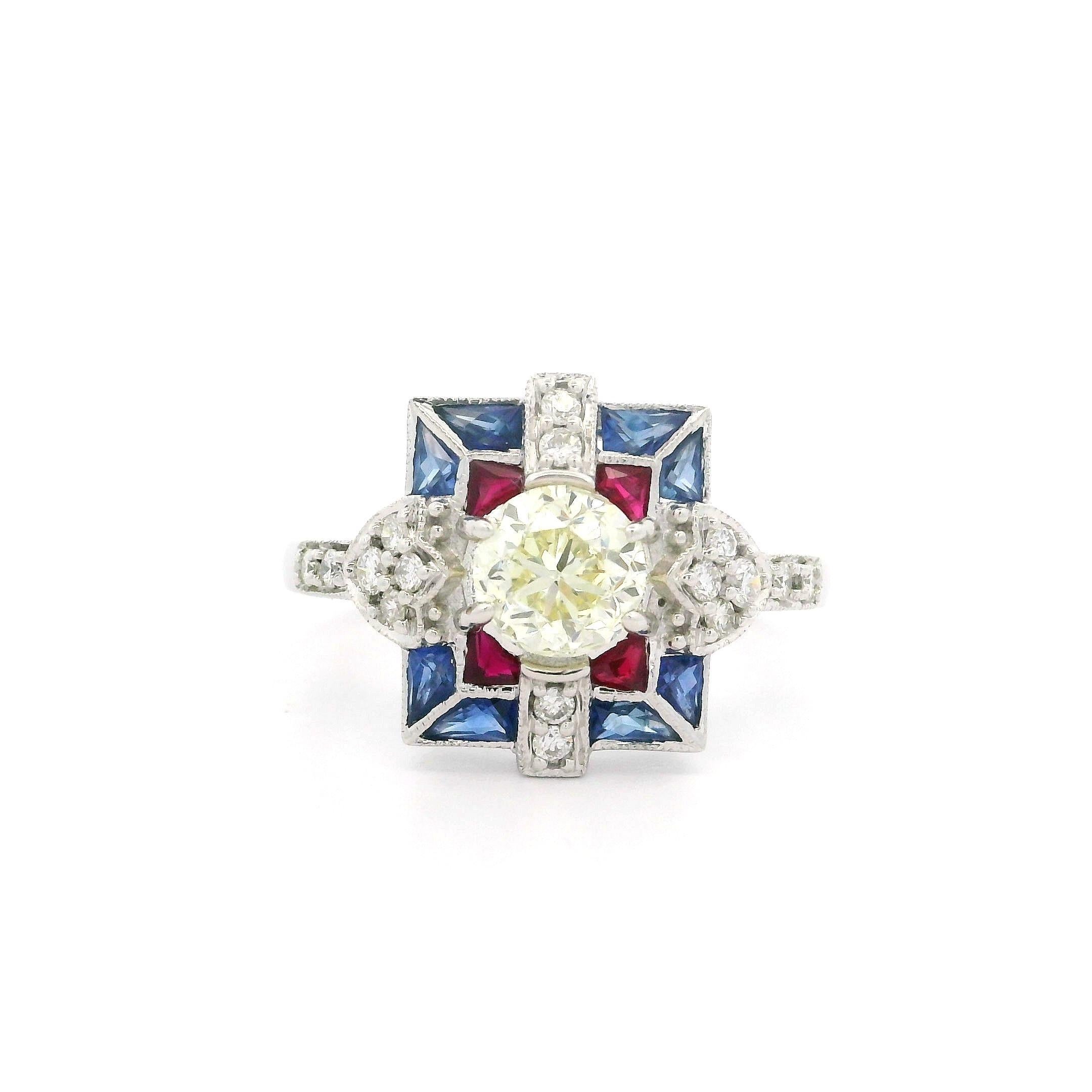 18 Karat Weißgold 1,17 Karat Alter Diamant Quadratischer Kaliber Rubin & Saphir Target Ring Damen im Angebot