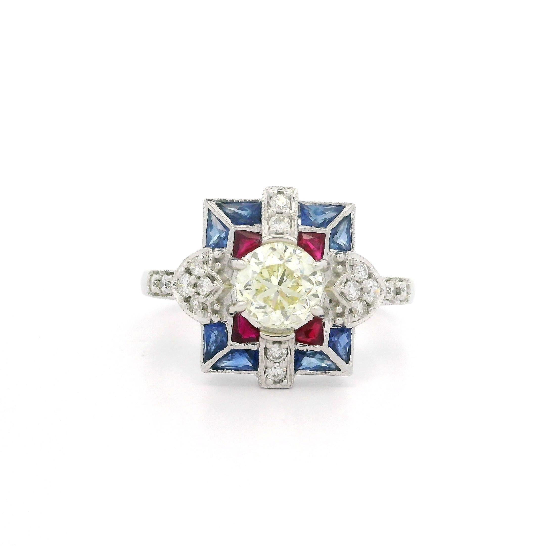 18 Karat Weißgold 1,17 Karat Alter Diamant Quadratischer Kaliber Rubin & Saphir Target Ring im Angebot 1
