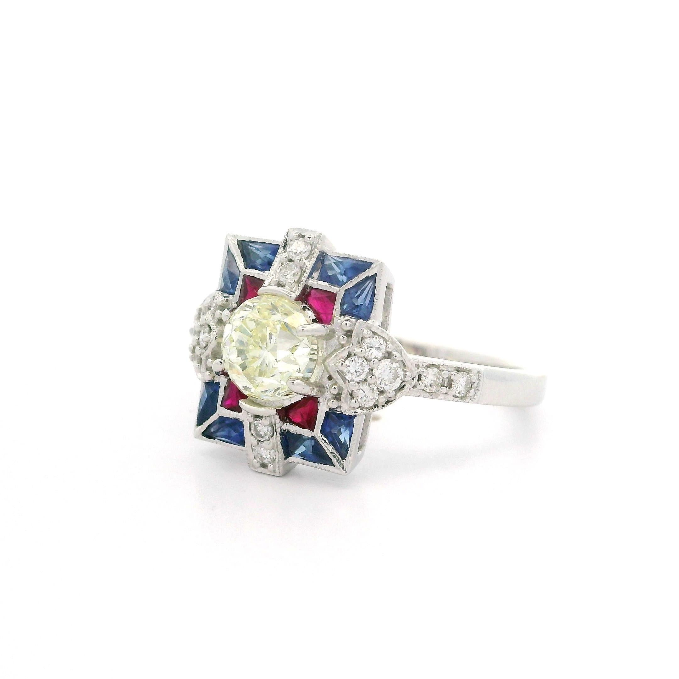 18 Karat Weißgold 1,17 Karat Alter Diamant Quadratischer Kaliber Rubin & Saphir Target Ring im Angebot 3