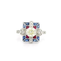 18 Karat Weißgold 1,17 Karat Alter Diamant Quadratischer Kaliber Rubin & Saphir Target Ring