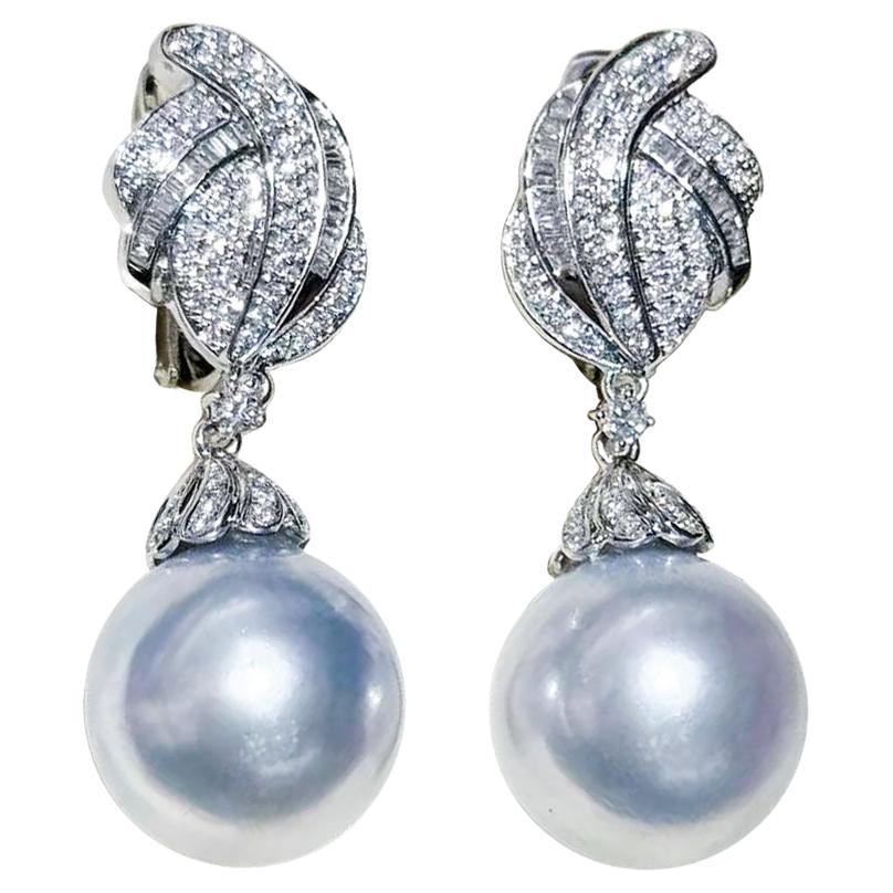 【Crown Radiance】Feather Crest Diamond Aurora South Sea Pearl Earrings