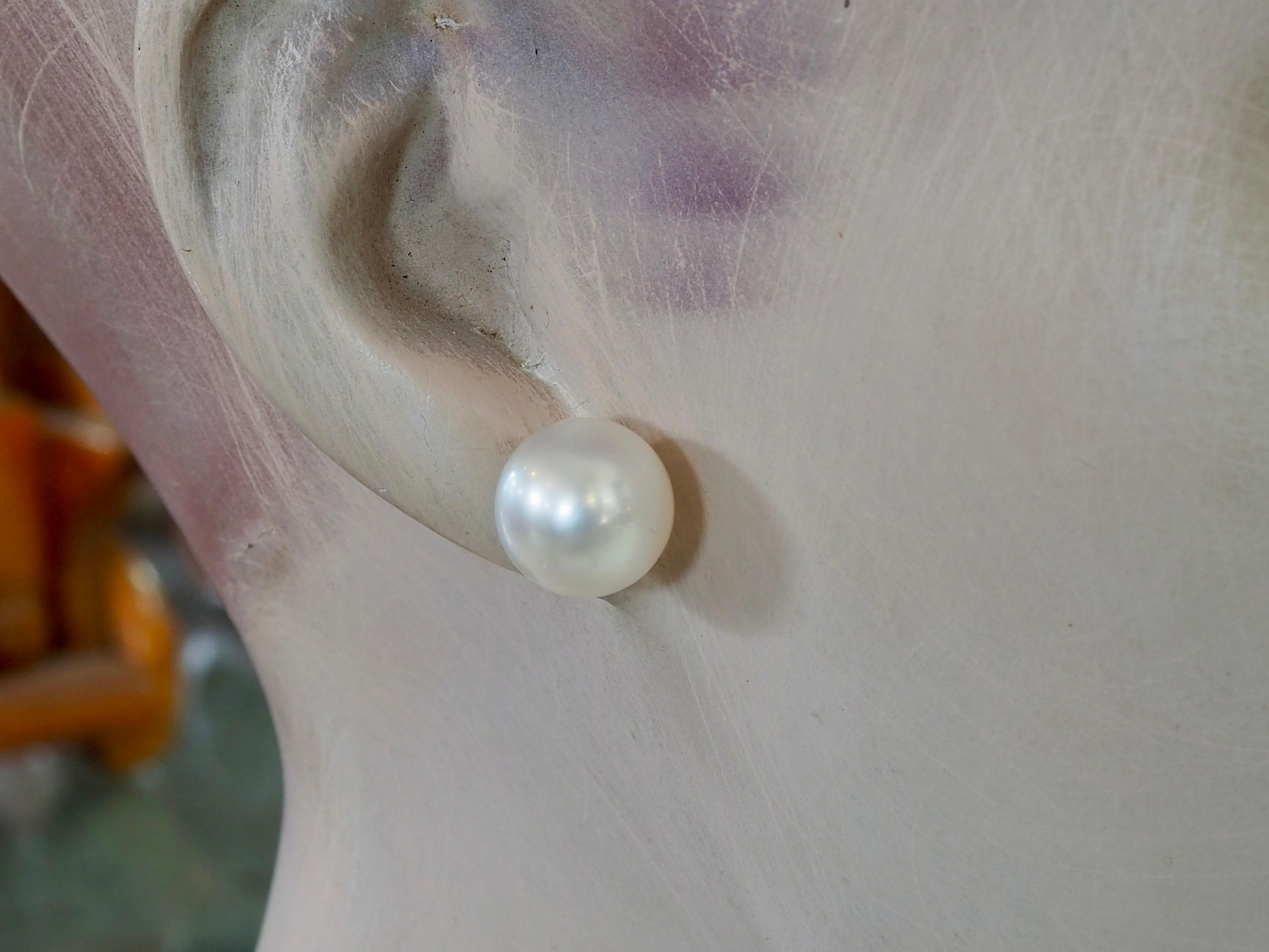Women's or Men's 18K White Gold 11.8mm South Sea Pearl Fine Stud Earring For Sale