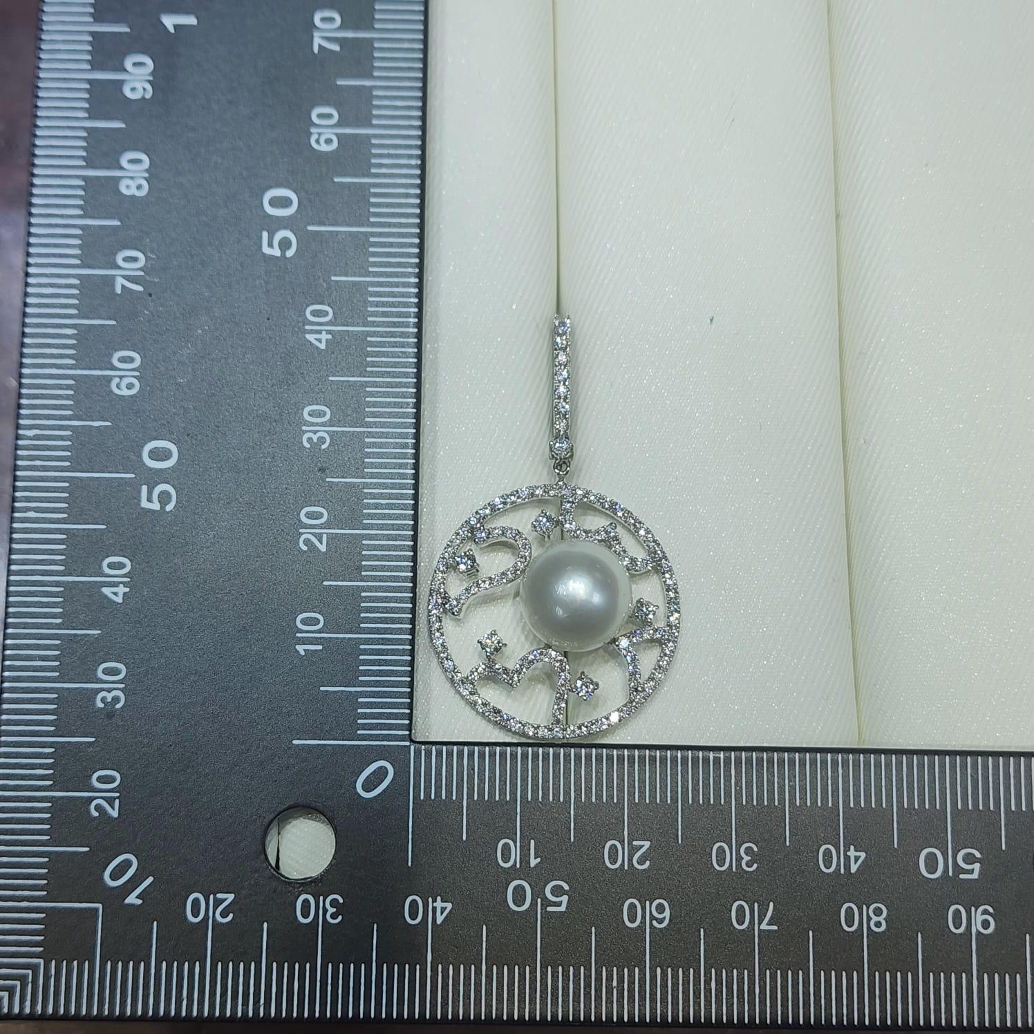 18K White Gold 11mm South Sea Pearl and Diamond Vintage Drop Earring For Sale 1