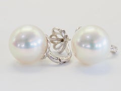 18K White Gold 11mm South Sea Pearl Floral‑Motif Latch Earrings