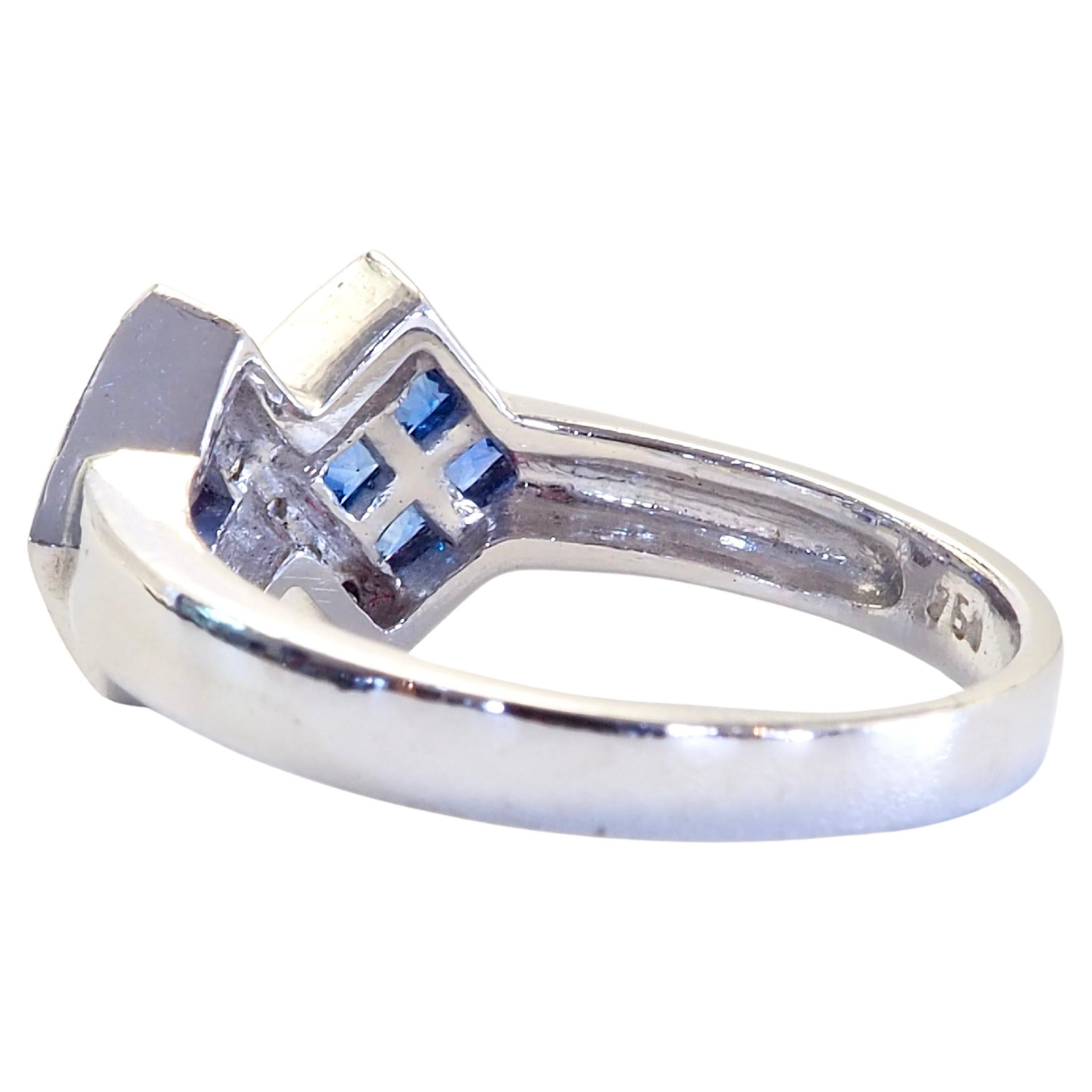 Square Cut 18K White Gold 1.20ct Squared Blue Sapphire & 0.10ct Diamond Fine Abstract Ring For Sale