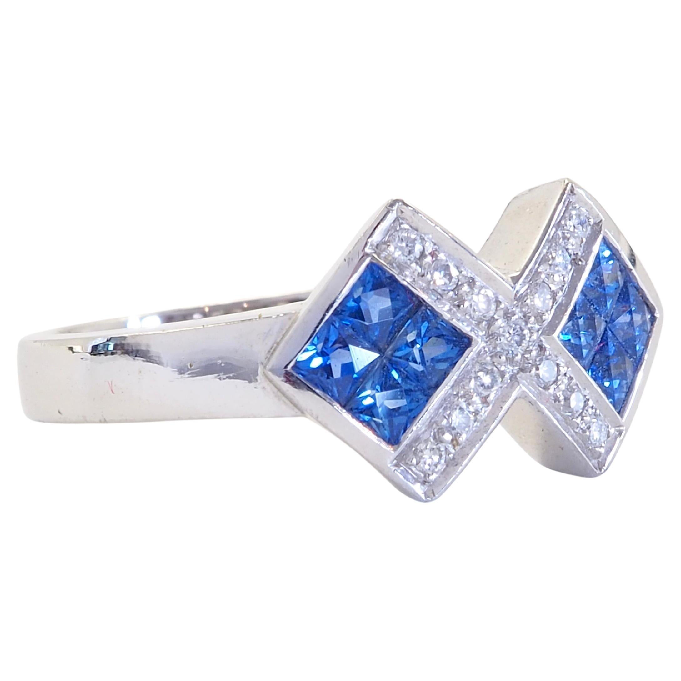 18K White Gold 1.20ct Squared Blue Sapphire & 0.10ct Diamond Fine Abstract Ring In New Condition For Sale In เกาะสมุย, TH