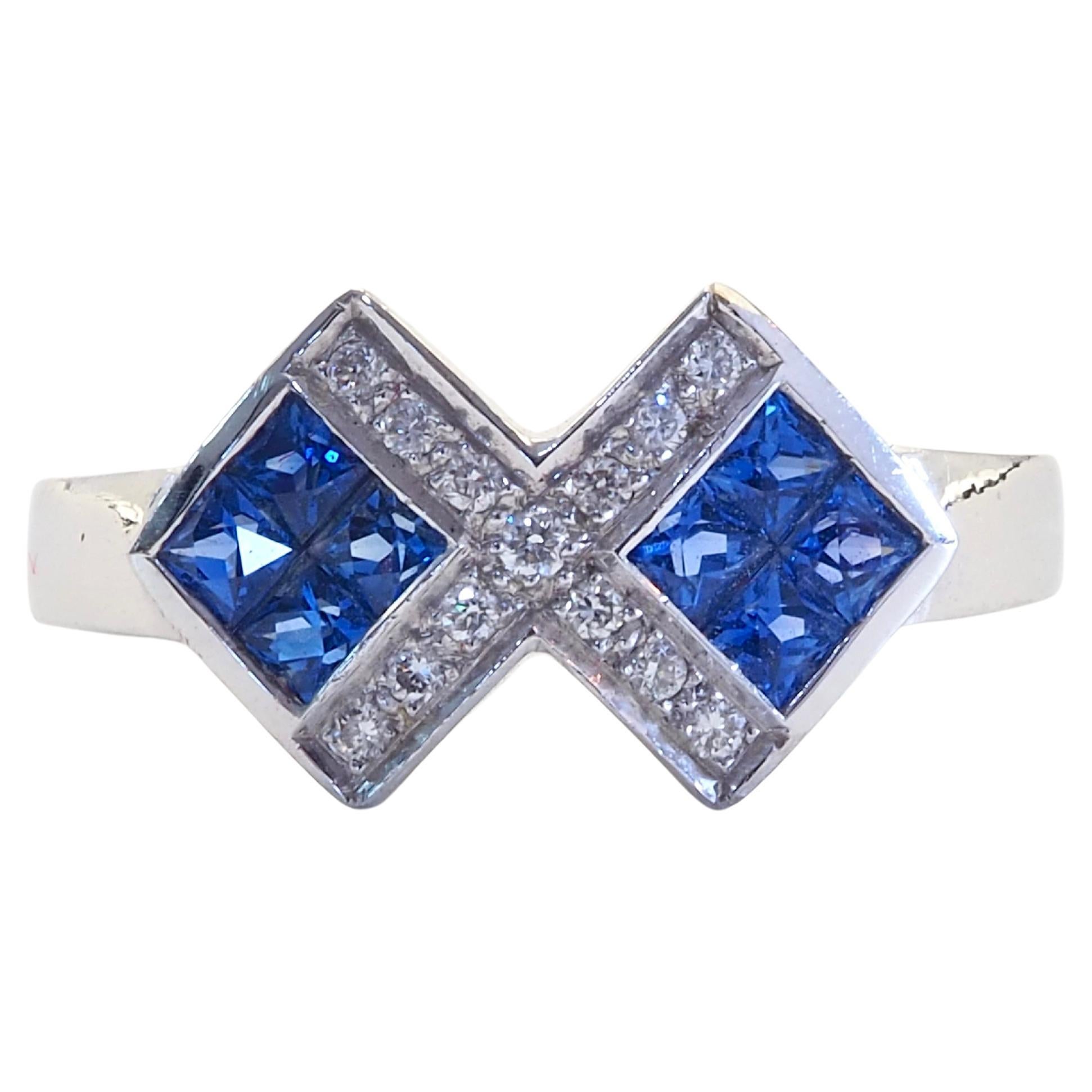 18K White Gold 1.20ct Squared Blue Sapphire & 0.10ct Diamond Fine Abstract Ring For Sale